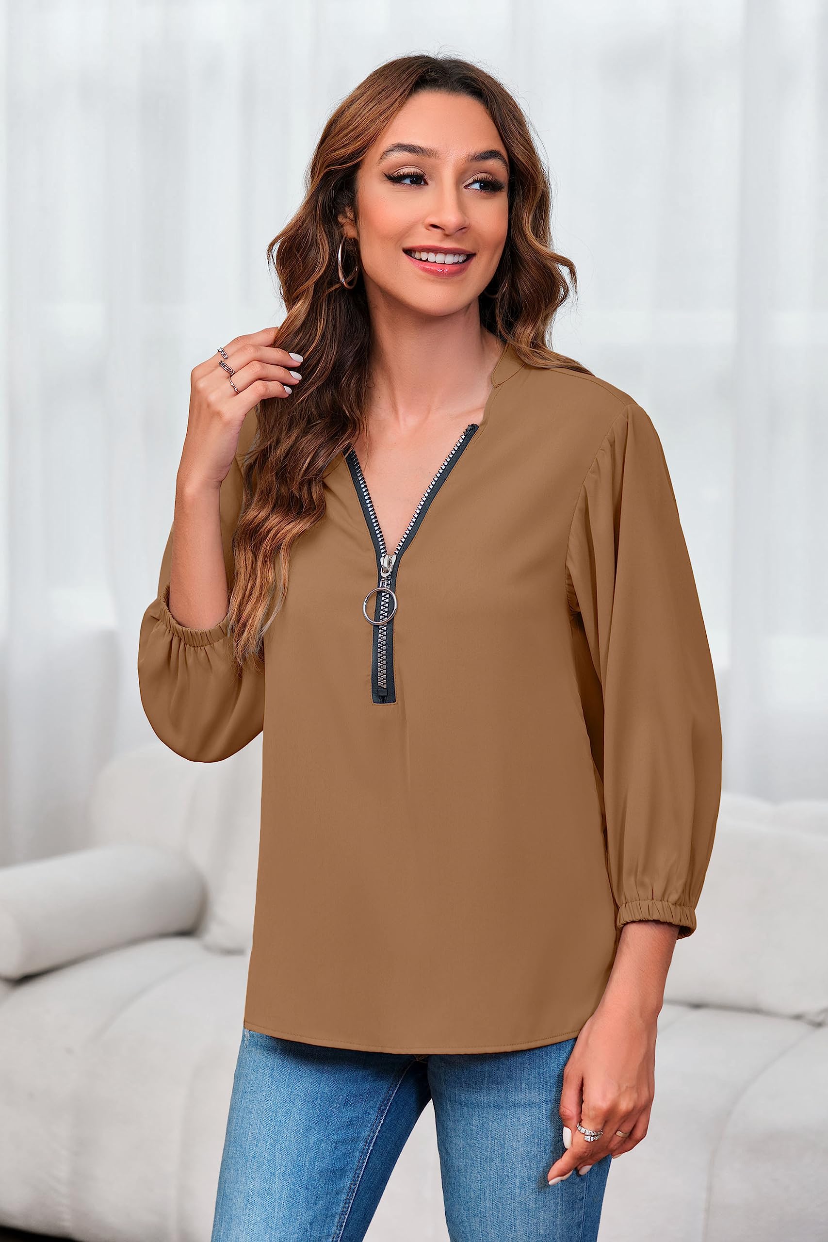 Imily Bela Womens V-Neck Lantern Sleeve Blouse Zipper Design Loose Casual Top Shirts