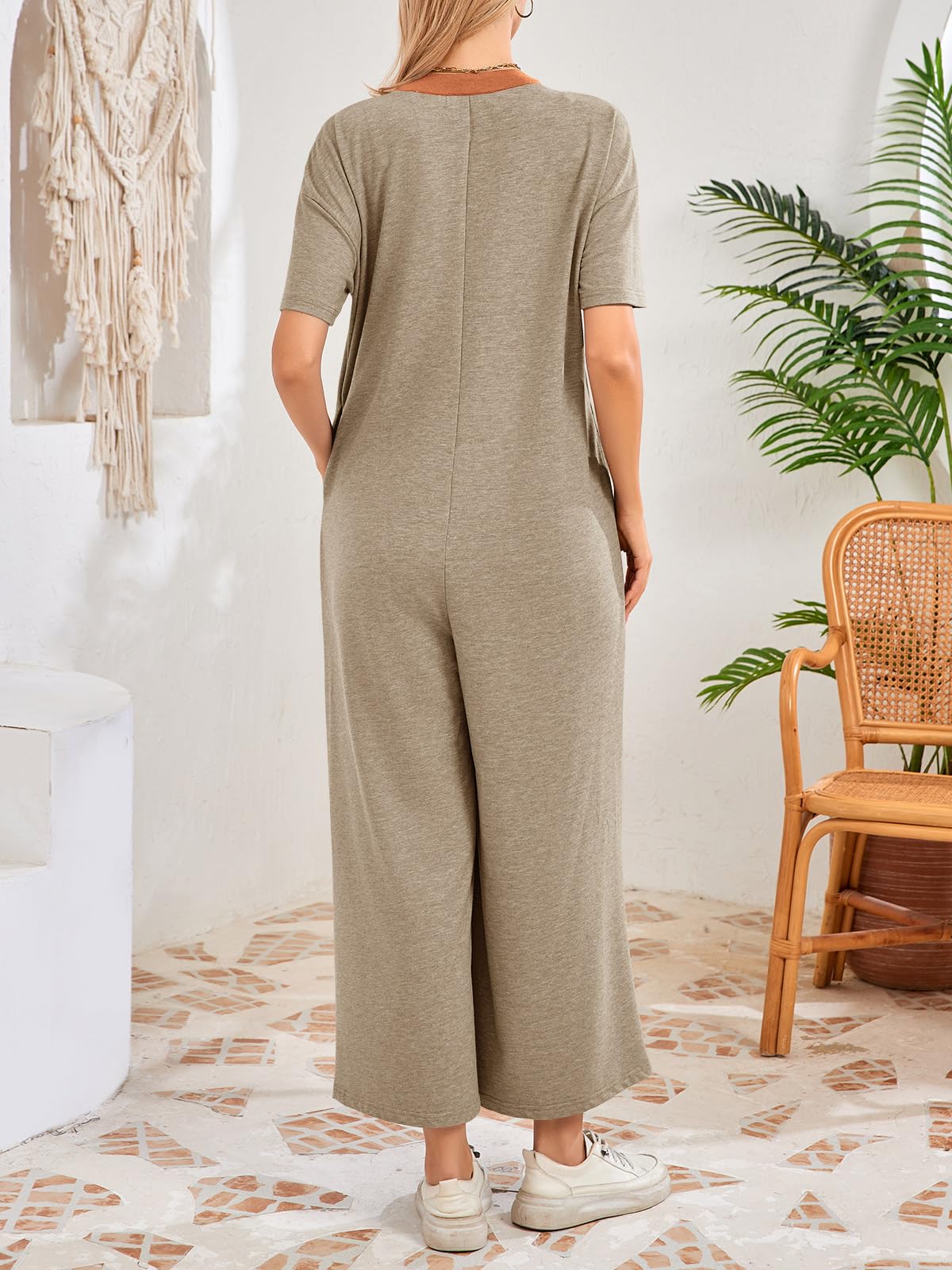 Imily Bela Womens Casual Loose Jumpsuits Short Sleeve V-Neck Button Down One Piece Outfits Wide Leg Summer Long Pant Rompers