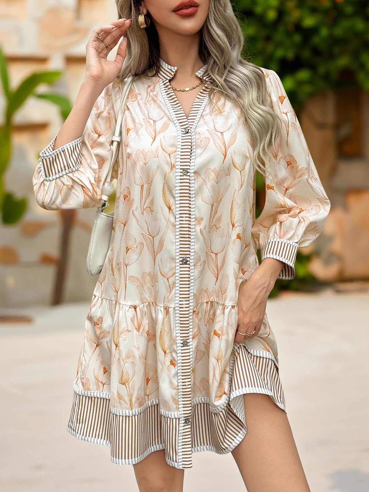 Imily Bela Women's Floral Boho Mini Dress 3/4 Long Sleeve V Neck Casual Button Down Shirt Dresses