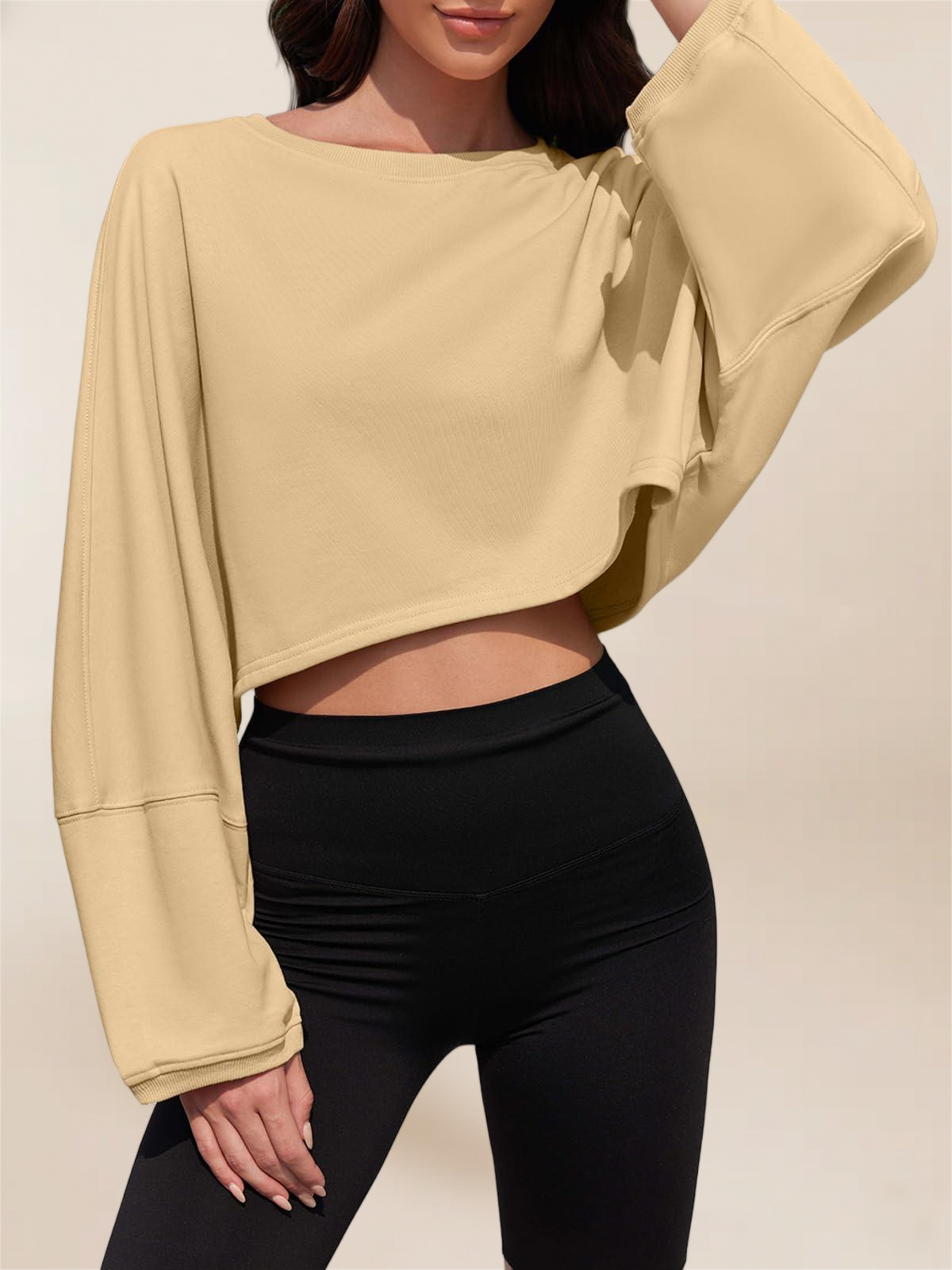 Imily Bela Womens Long Ballon Sleeve Sweatshirts Tops Cropped Crew Neck Loose Fit Casual Workout Shirts