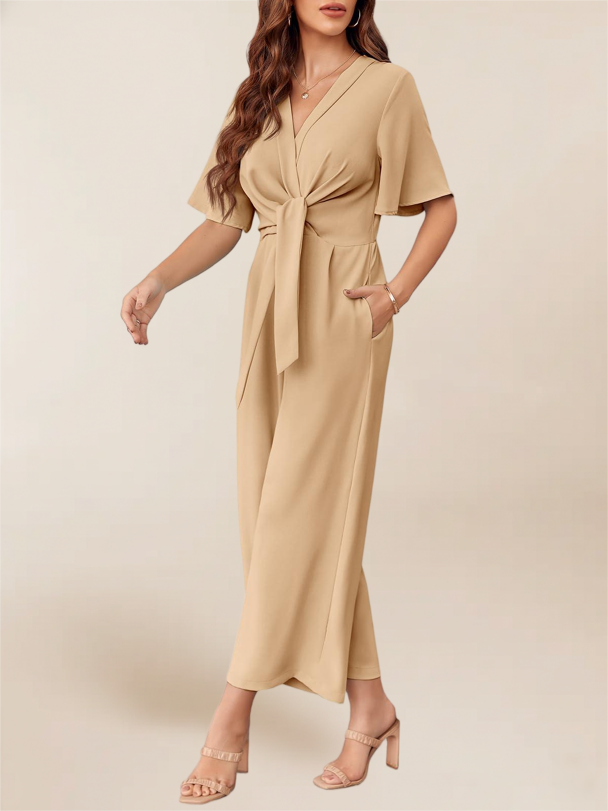 Imily Bela Women's Elegant V Neck Jumpsuits Dressy Casual Short Sleeve Wide Leg Long Pants Rompers