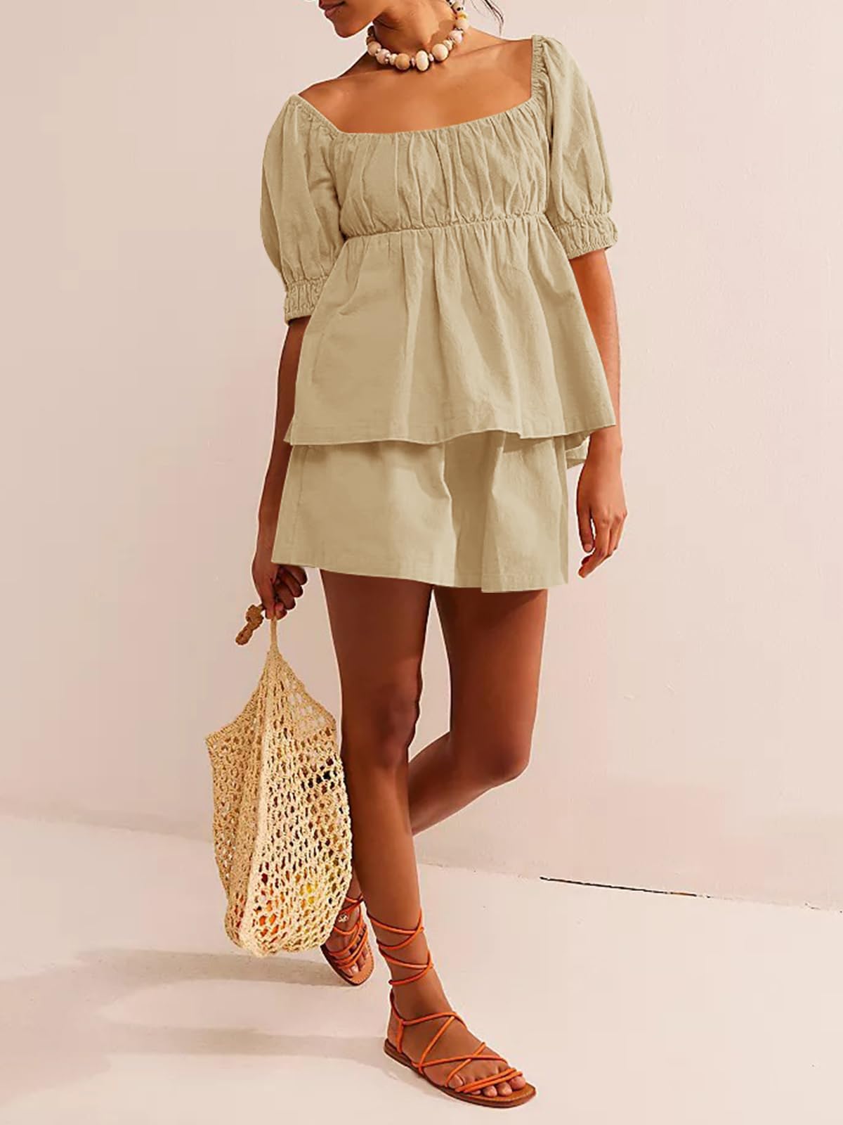 Imily Bela Womens 2 Piece Outfits Summer Square Neck Short Puff Sleeve Babydoll Tops And Shorts Matching Set