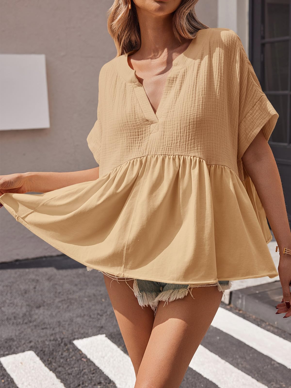 Imily Bela Womens Summer Babydoll Tops V Neck Short Sleeve Pleated Flowy Shirts Casual Loose Fit Peplum Blouse