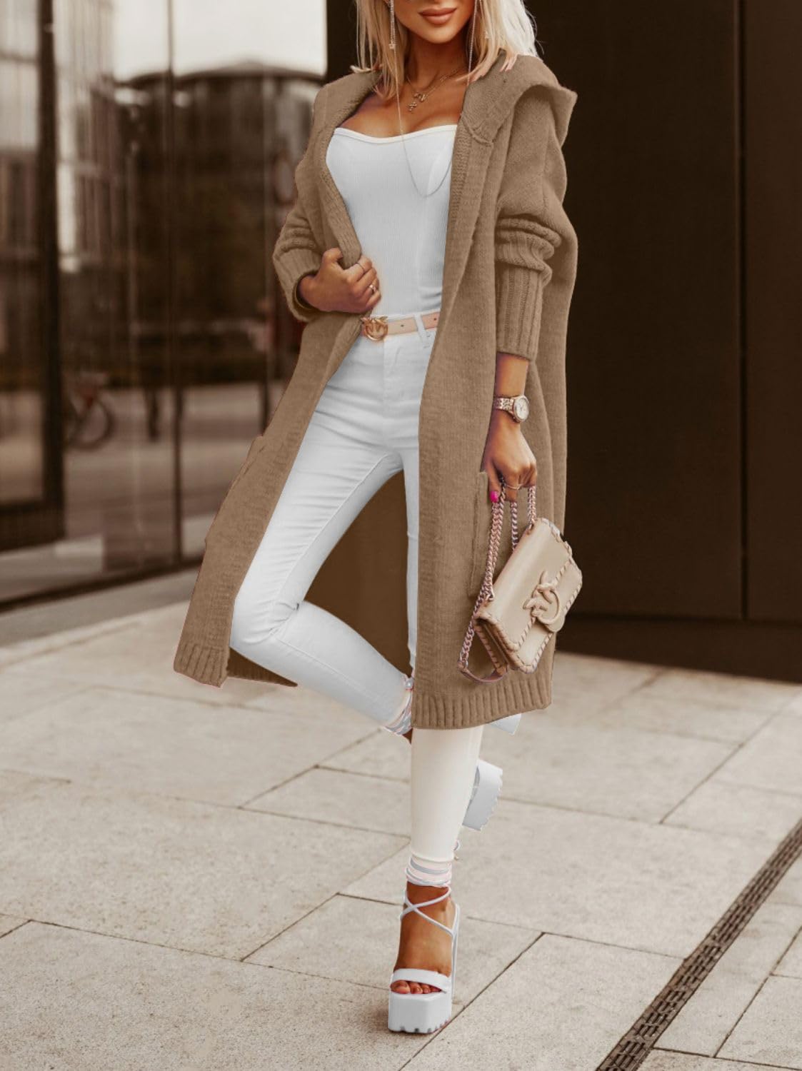 Hooded Open-Front Pocketed Cardigan