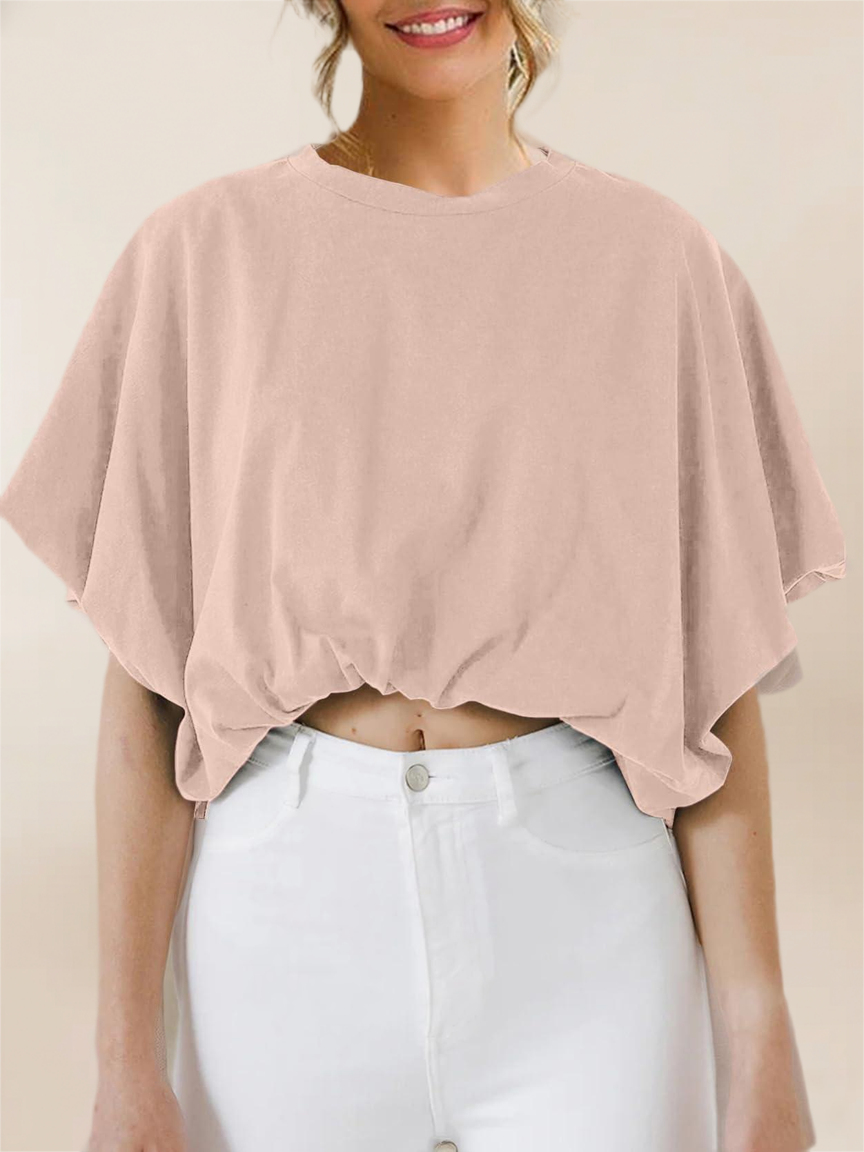 Imily Bela Womens Summer Crewneck Crop Tops Short Sleeve Casual Loose Cropped T Shirts