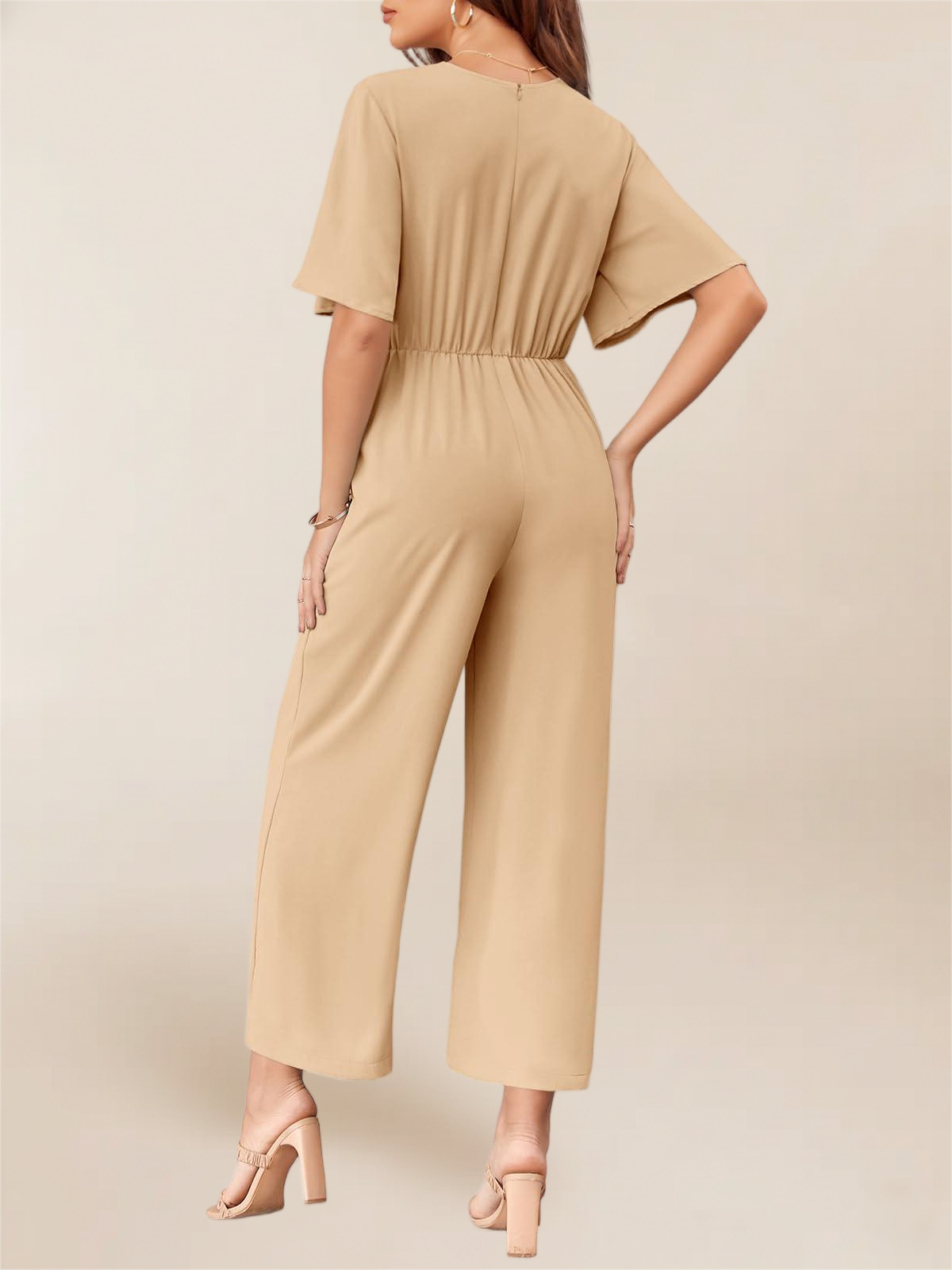 Imily Bela Women's Elegant V Neck Jumpsuits Dressy Casual Short Sleeve Wide Leg Long Pants Rompers