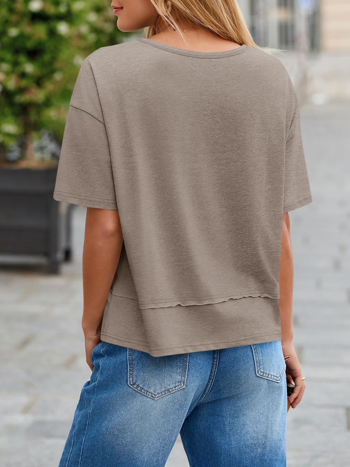 Imily Bela Womens Summer V Neck T Shirts Casual Short Sleeve Flowy Tops Cute Loose Fit Basic Tees
