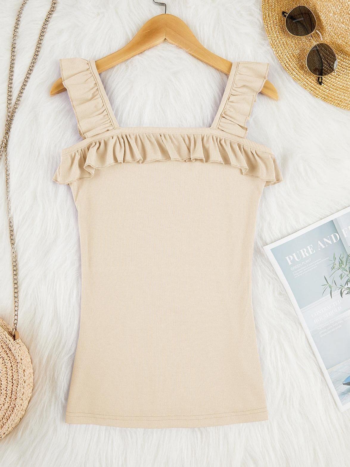 Imily Bela Womens Cute Sleeveless Tank Tops Ruffle Strap Square Neck Blouse Solid Color Knitted Camisole