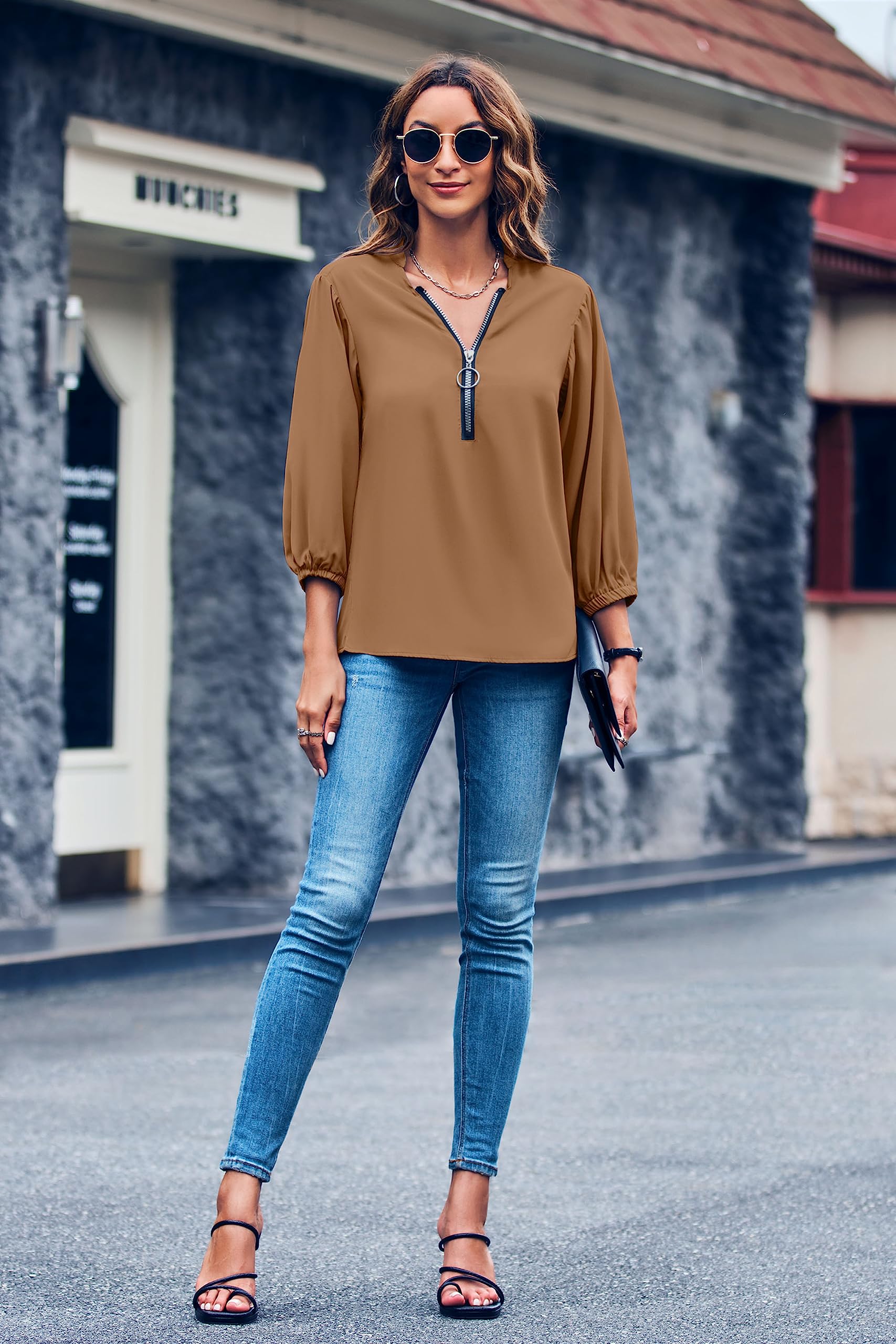 Imily Bela Womens V-Neck Lantern Sleeve Blouse Zipper Design Loose Casual Top Shirts