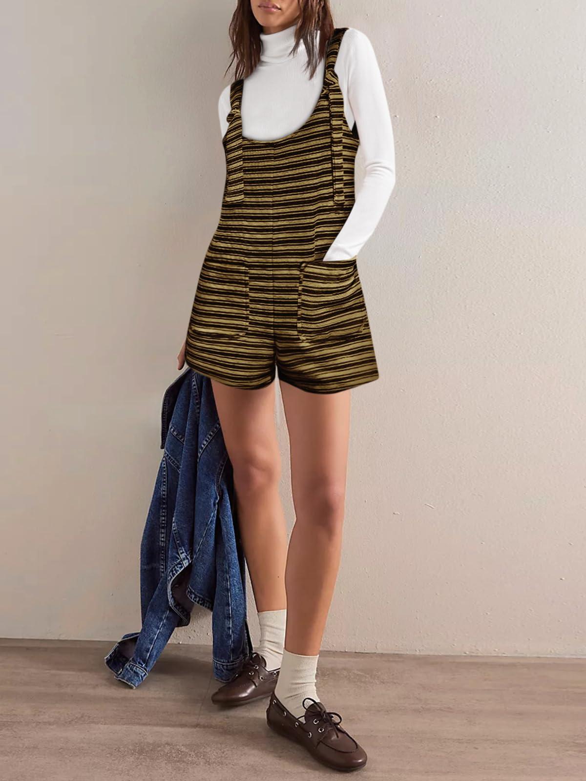 Imily Bela Womens Summer Casual Sleeveless Romper Loose Striped Tied Shorts Overalls Jumpsuit with Pockets