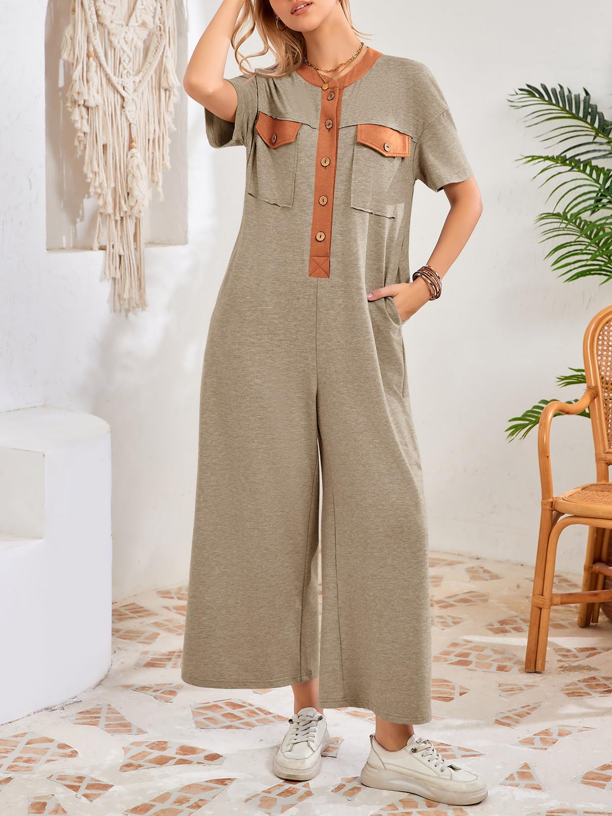 Imily Bela Womens Casual Loose Jumpsuits Short Sleeve V-Neck Button Down One Piece Outfits Wide Leg Summer Long Pant Rompers