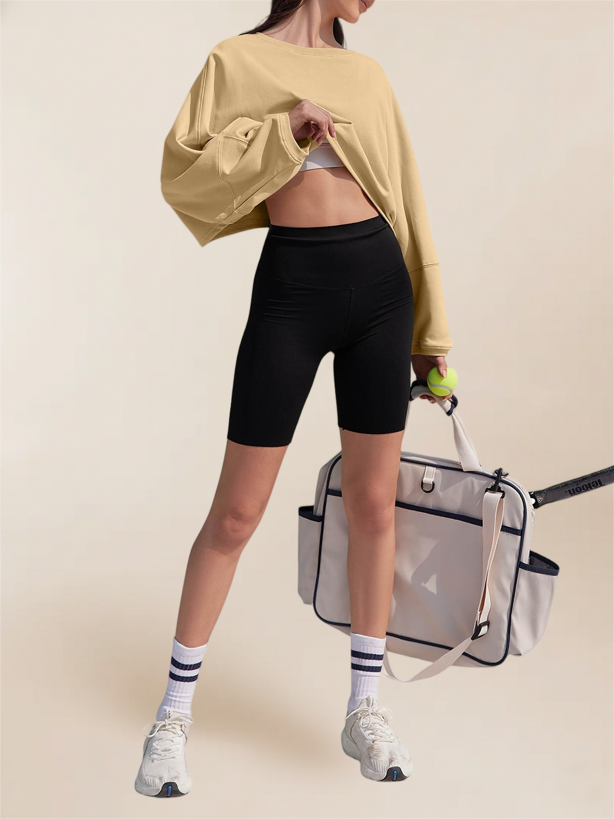 Imily Bela Womens Long Ballon Sleeve Sweatshirts Tops Cropped Crew Neck Loose Fit Casual Workout Shirts