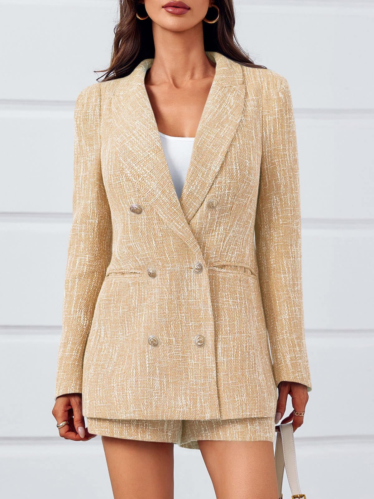 Imily Bela Womens 2 Piece Tweed Blazer Shorts Sets Long Sleeve Double Breasted Suit Jackets Business Outfit
