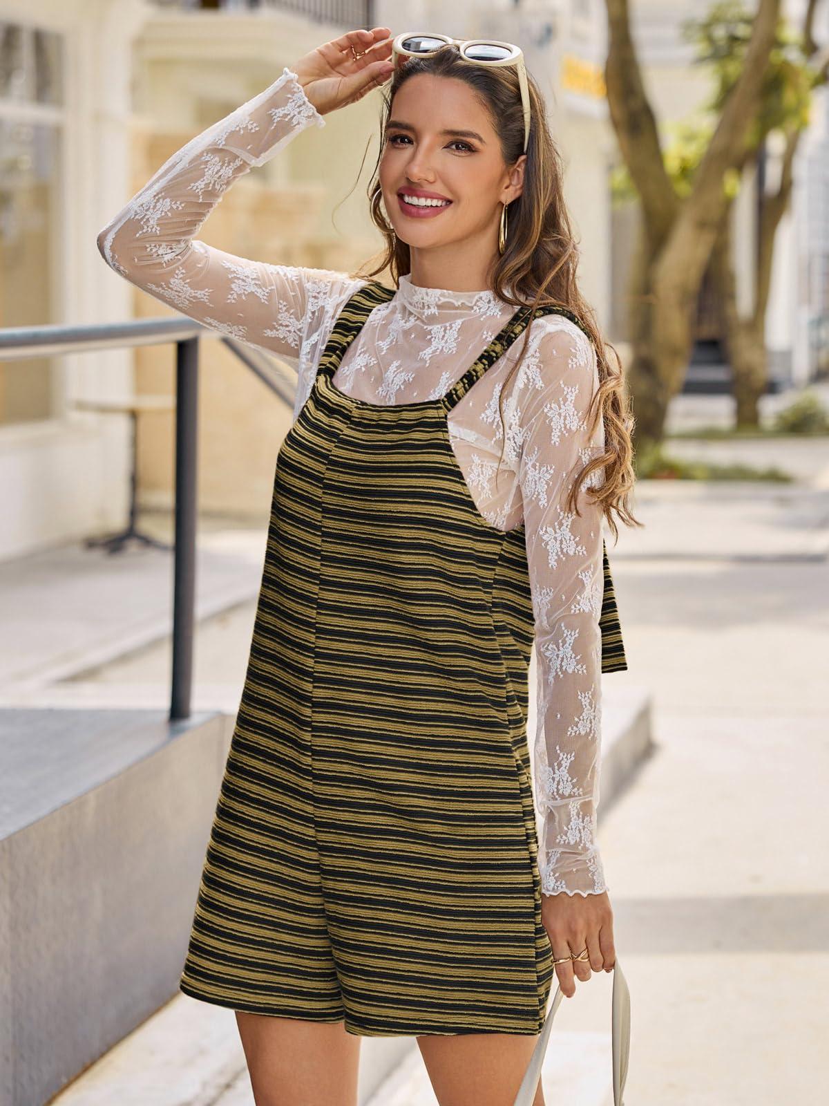 Imily Bela Womens Summer Casual Sleeveless Romper Loose Striped Tied Shorts Overalls Jumpsuit with Pockets