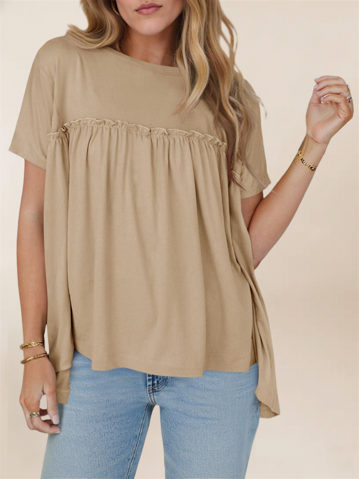 Imily Bela Women Summer Babydoll Tops Pleated Short Sleeve Crew Neck Peplum Blouse Casual Loose Fit T Shirts