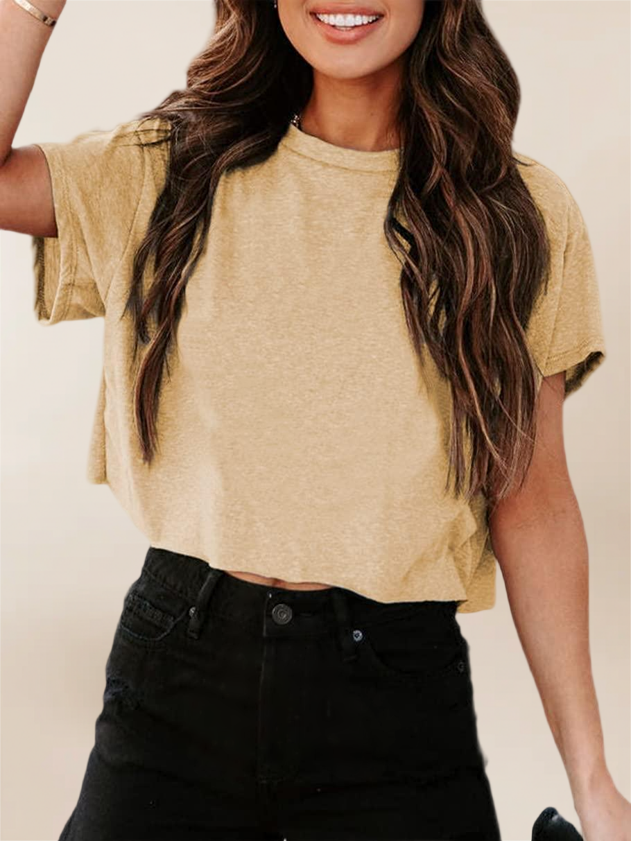 Imily Bela Women Short Sleeve Cropped T-Shirts Crew Neck Loose Crop Tops Summer Casual Drop Shoulder Basic Tees