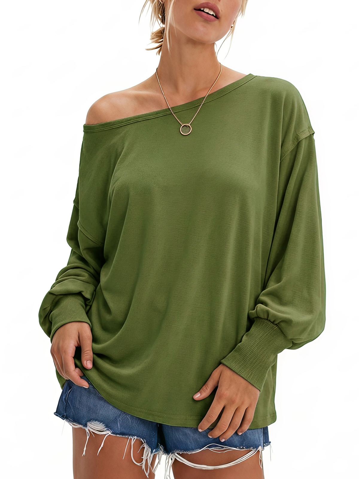 Wide-Neck Slouchy Ribbed-Cuff Top