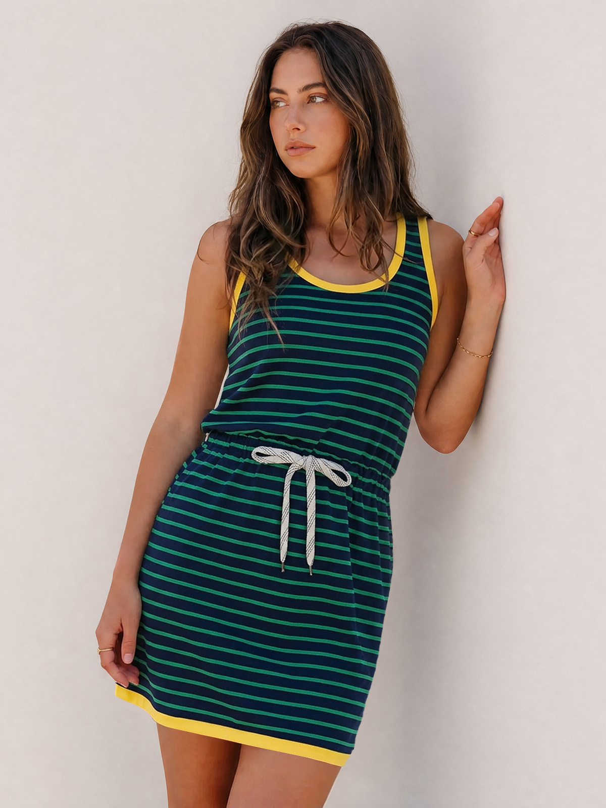Womens Cotton Summer Dresses for Women Striped Dress Drawstring Waist Casual Tank Mini Dresses with Pockets