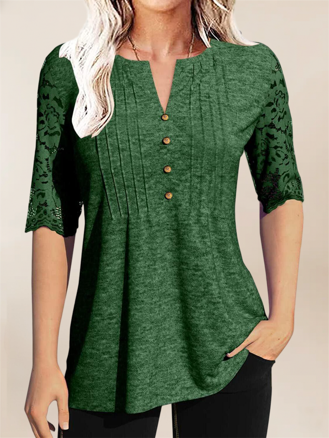 Imily Bela Womens Summer Tops Pleated Button Down Short Sleeve T-Shirt V-Neck Casual Lace Blouse