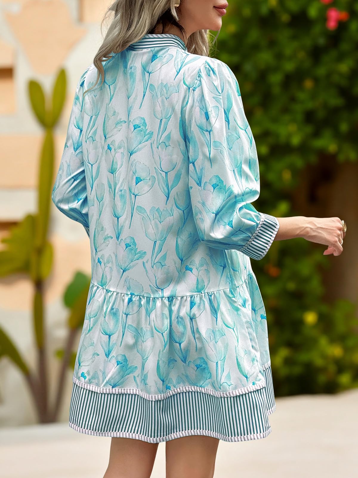 Imily Bela Women's Floral Boho Mini Dress 3/4 Long Sleeve V Neck Casual Button Down Shirt Dresses