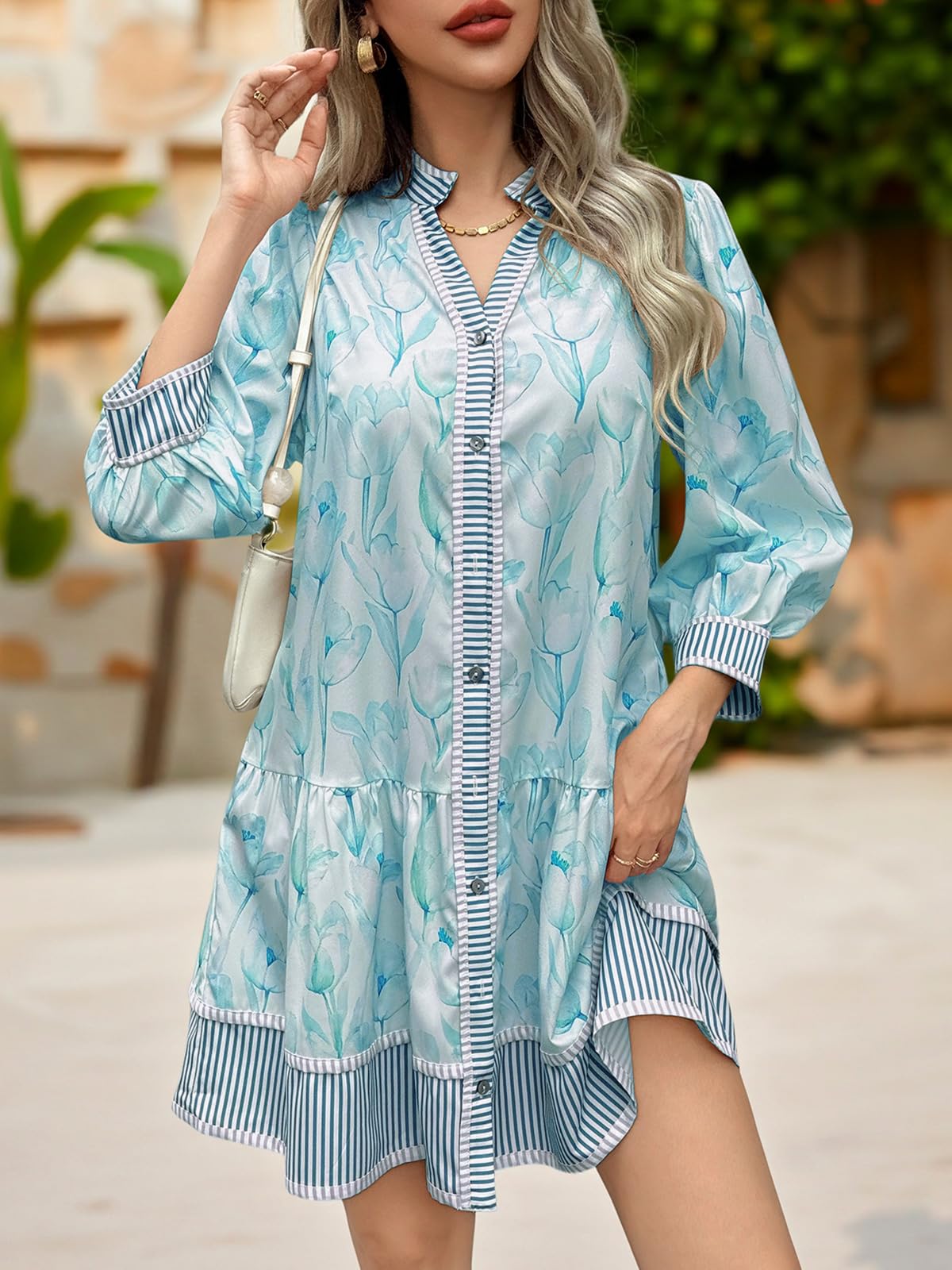 Imily Bela Women's Floral Boho Mini Dress 3/4 Long Sleeve V Neck Casual Button Down Shirt Dresses