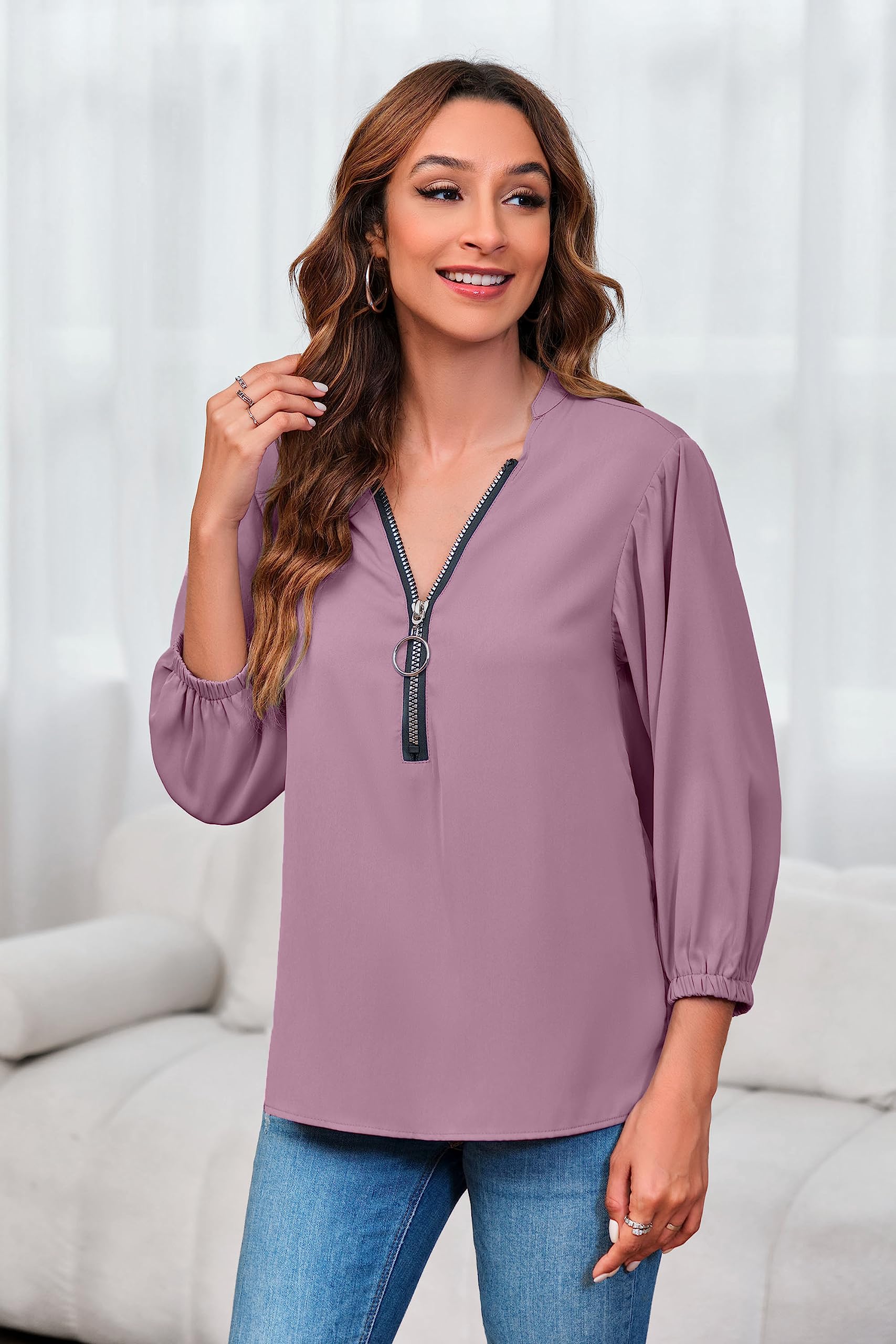 Imily Bela Womens V-Neck Lantern Sleeve Blouse Zipper Design Loose Casual Top Shirts