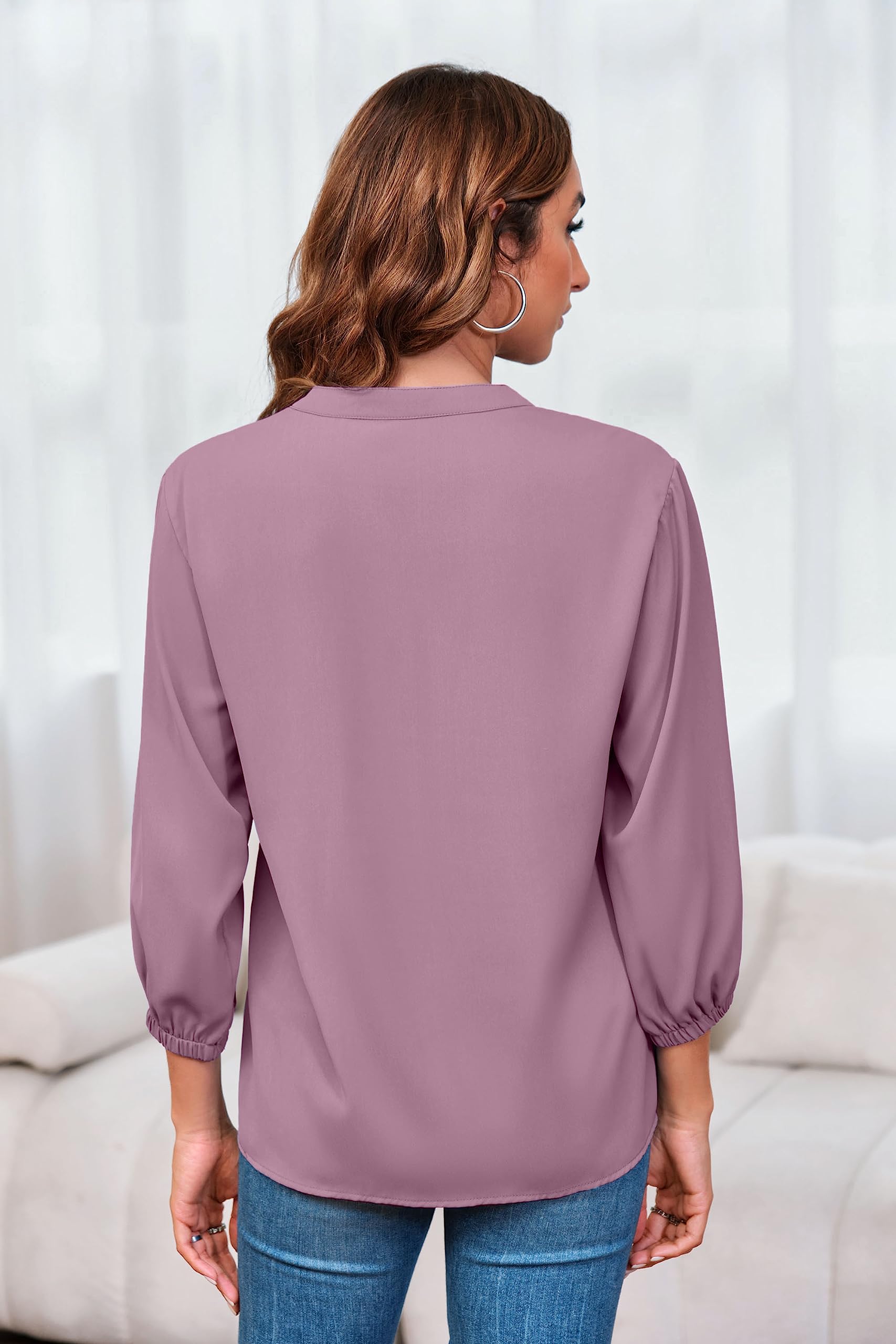 Imily Bela Womens V-Neck Lantern Sleeve Blouse Zipper Design Loose Casual Top Shirts