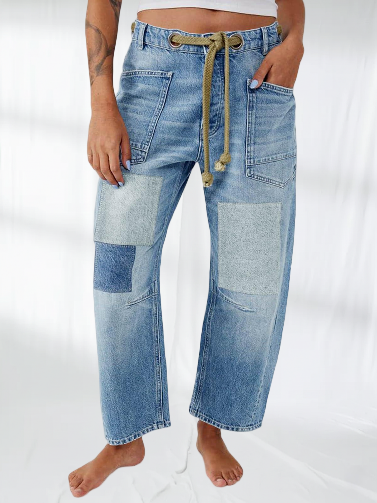 Imily Bela Womens Baggy Barrel Horseshoe Jeans Wide Leg Patchwork Low Rise Denim Pants with Pockets