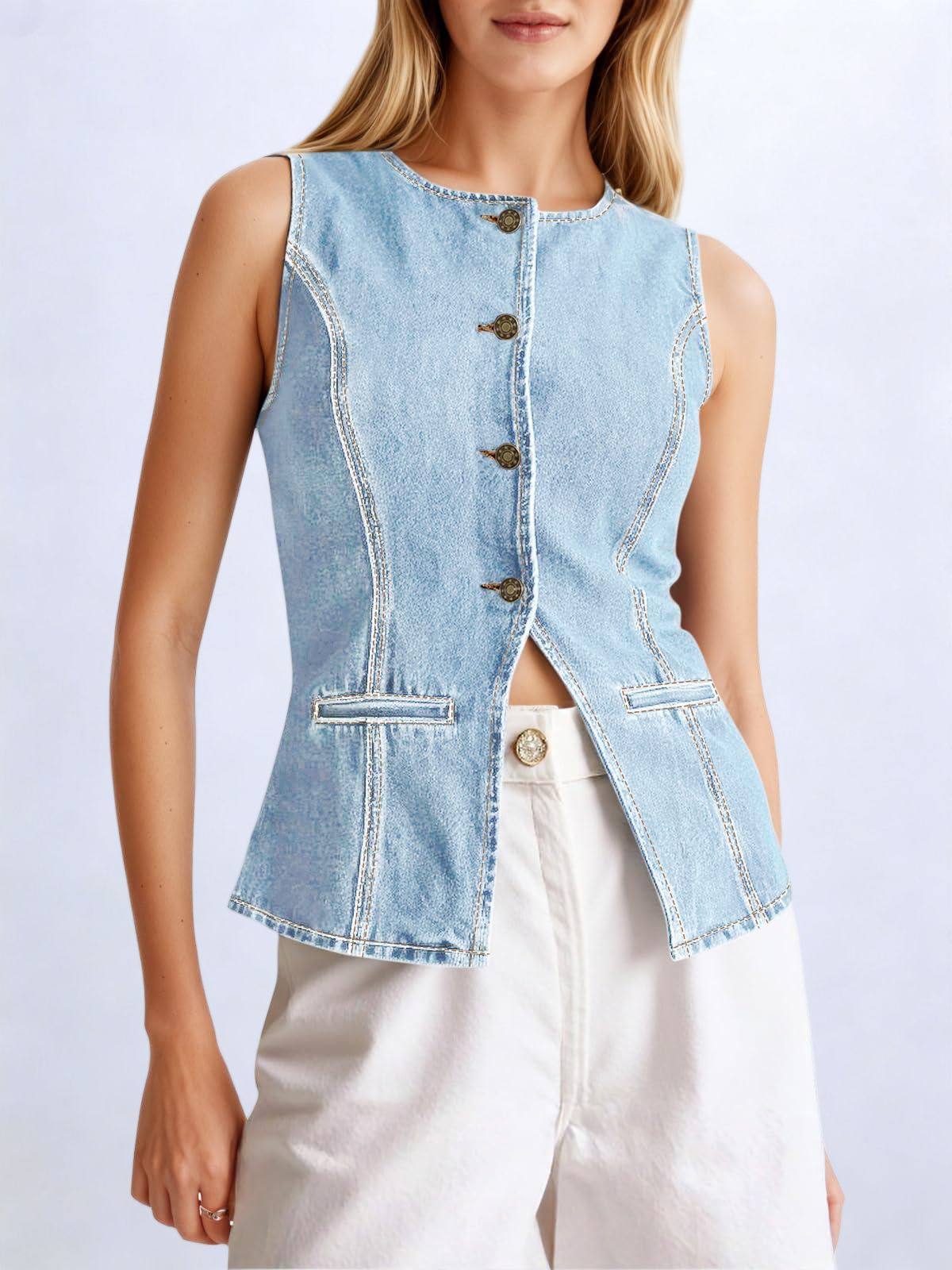 Imily Bela Womens Button Down Denim Vest Trendy Fitted Sleeveless Jean Tank Tops Crew Neck Waistcoat