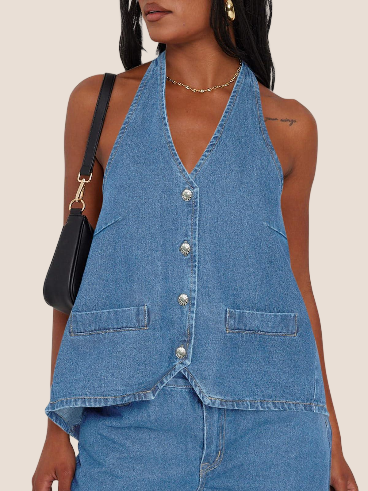 Imily Bela Womens Halter Denim Vest Tops Summer Open Back Y2K Going Out Tank Tops V Neck Button Down Jean Shirts