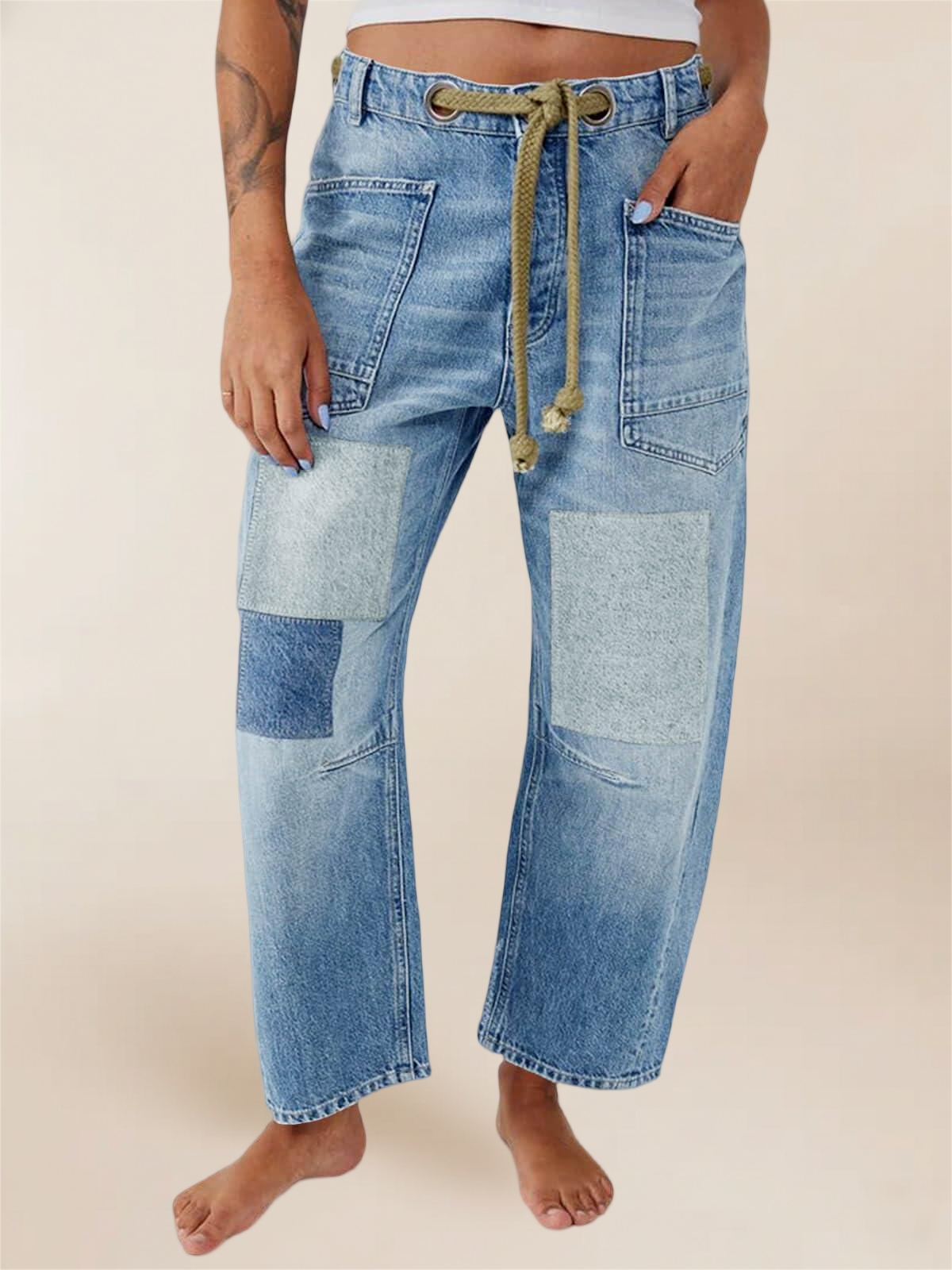 Imily Bela Womens Baggy Barrel Horseshoe Jeans Wide Leg Patchwork Low Rise Denim Pants with Pockets