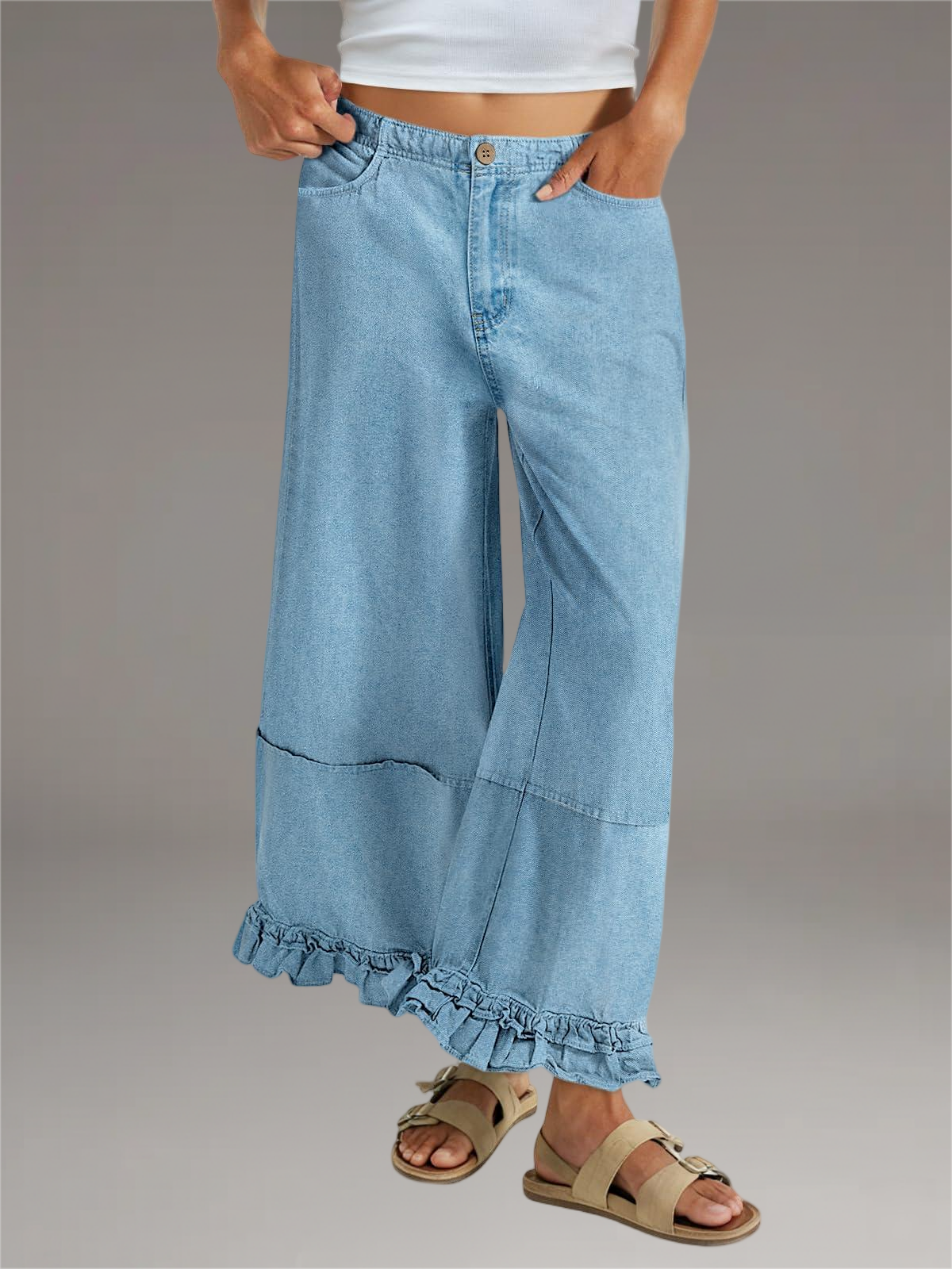 Imily Bela Womens Ruffle Wide Leg Jeans Cropped Elastic High Waisted Baggy Denim Pants With Pockets Blue