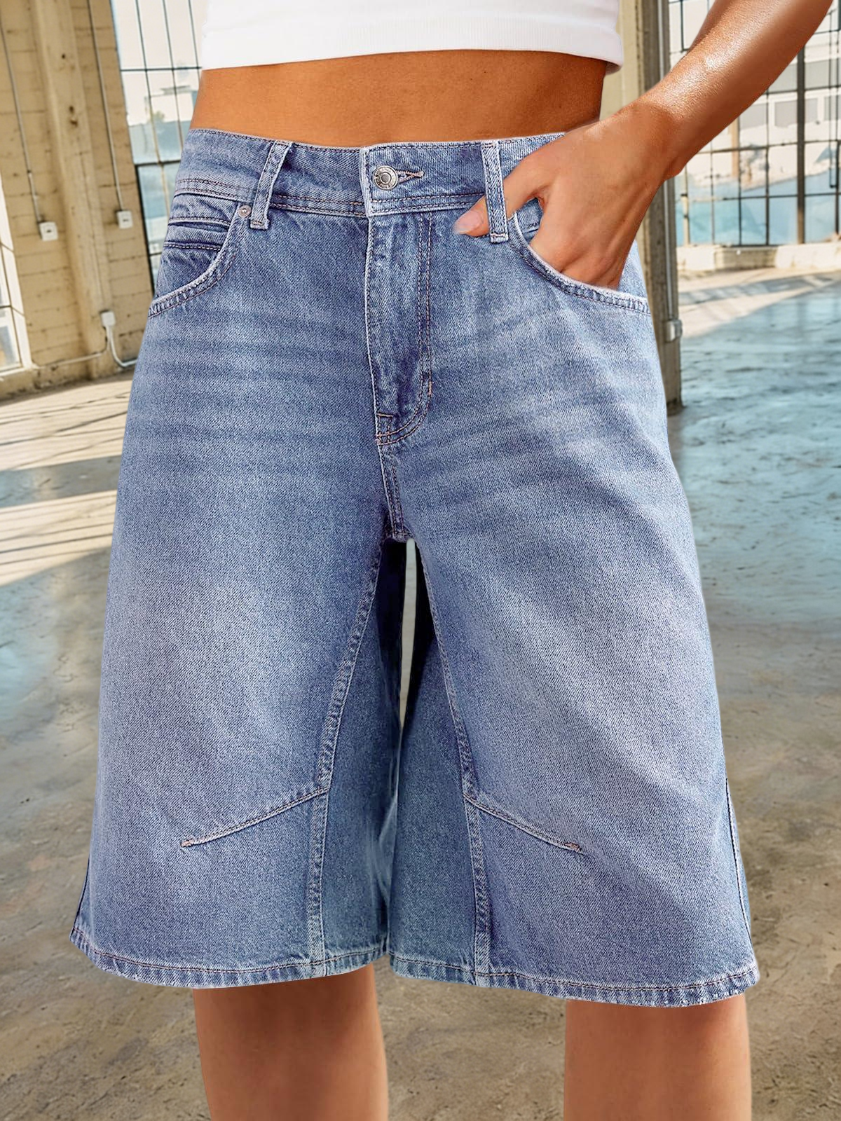 Imily Bela Womens Summer Wide Leg Denim Shorts Casual Loose Mid Rise Jorts Bermuda Knee Length Jeans Shorts