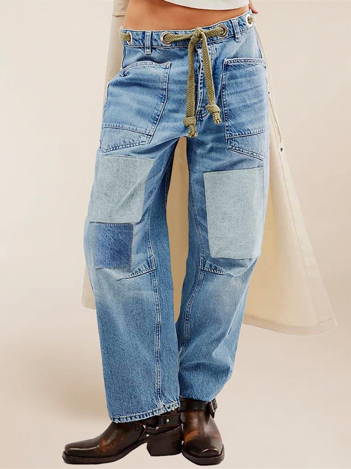 Imily Bela Womens Baggy Barrel Horseshoe Jeans Wide Leg Patchwork Low Rise Denim Pants with Pockets