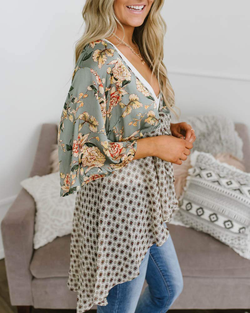 Imily Bela Women Floral Kimono Cardigans 3/4 Ruffle Sleeve Lightweight Patchwork Flowy Boho Tie Loose Cover Ups