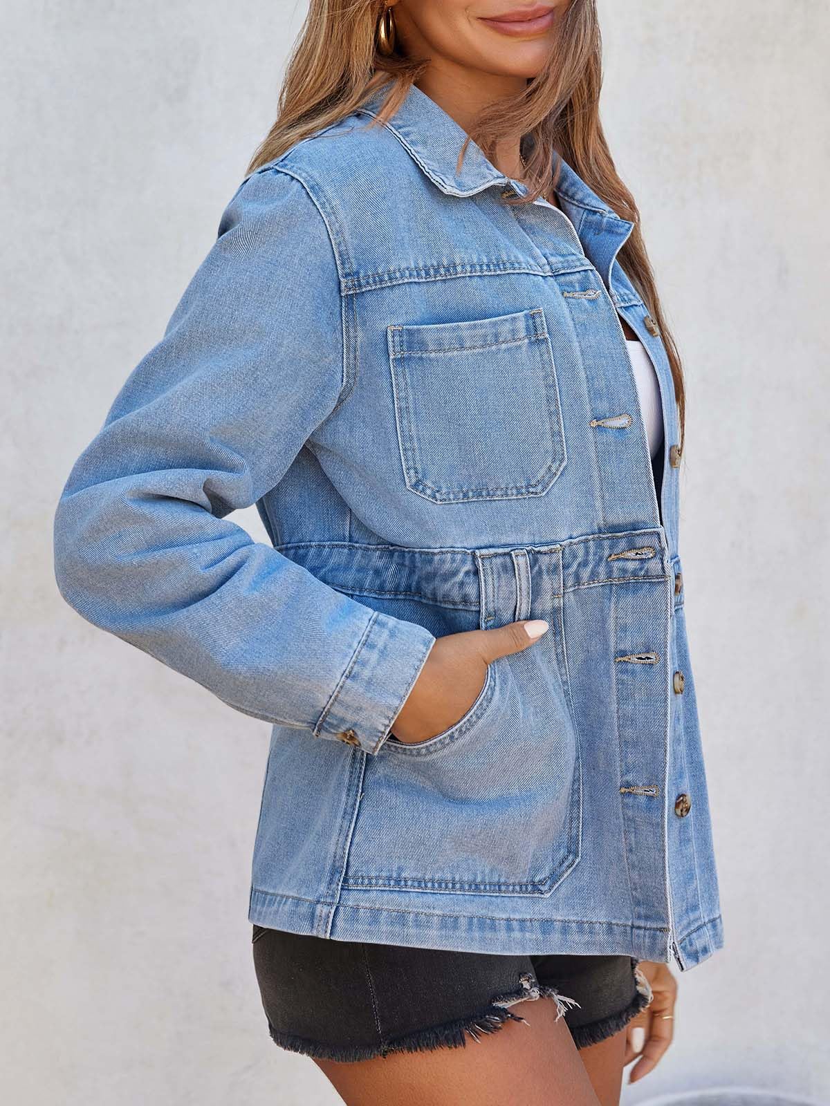 Imily Bela Denim Jacket for Women Distressed Jean Jacket Button Down Oversized Shacket with Pockets