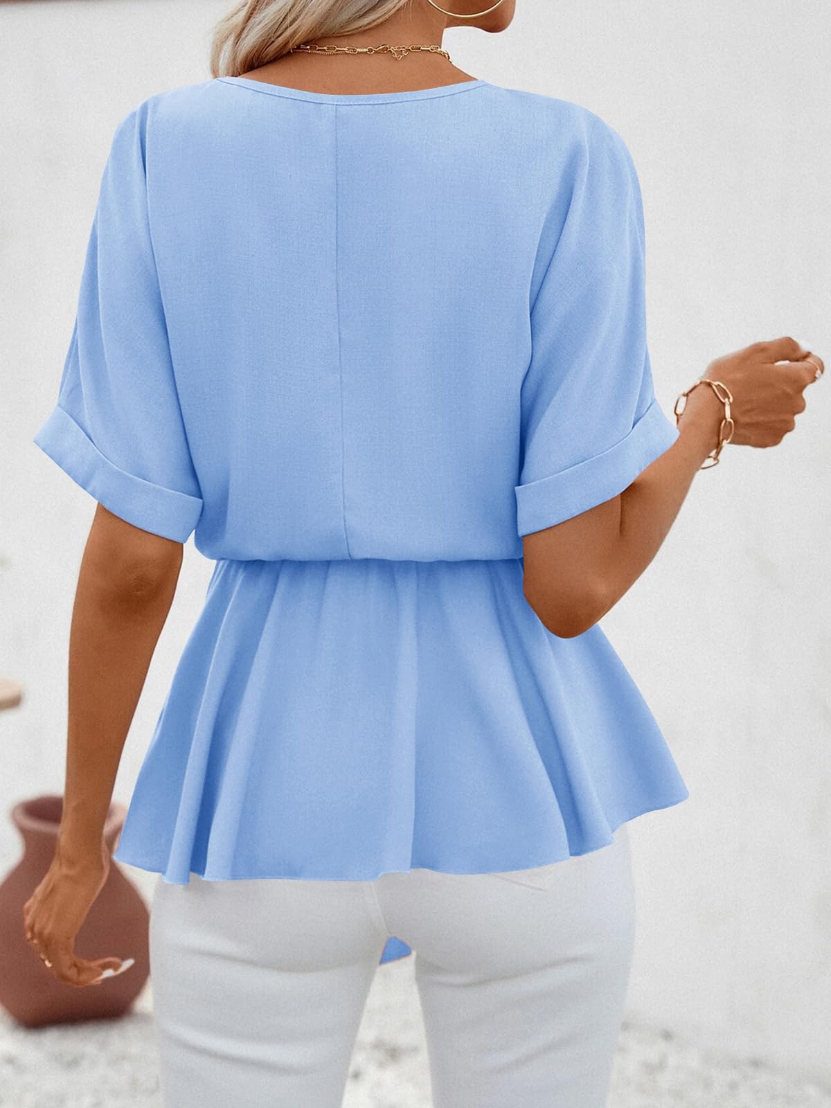 Imily Bela Womens V Neck Blouse Short Sleeve Belted Casual T-Shirts Basic Tee Tops