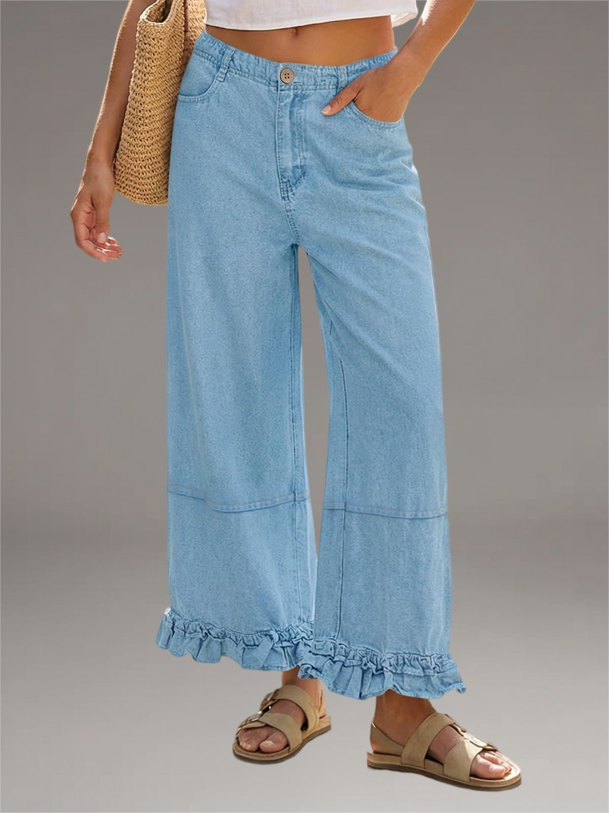 Imily Bela Womens Ruffle Wide Leg Jeans Cropped Elastic High Waisted Baggy Denim Pants With Pockets Blue