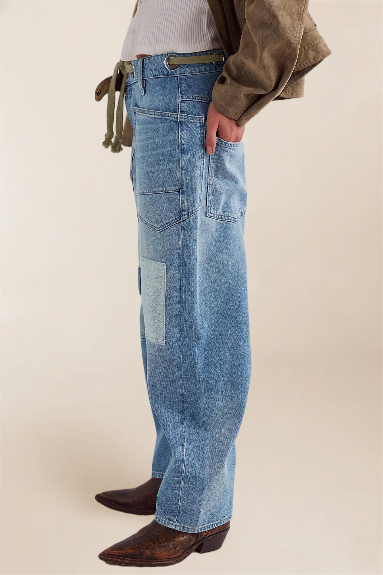 Imily Bela Womens Baggy Barrel Horseshoe Jeans Wide Leg Patchwork Low Rise Denim Pants with Pockets