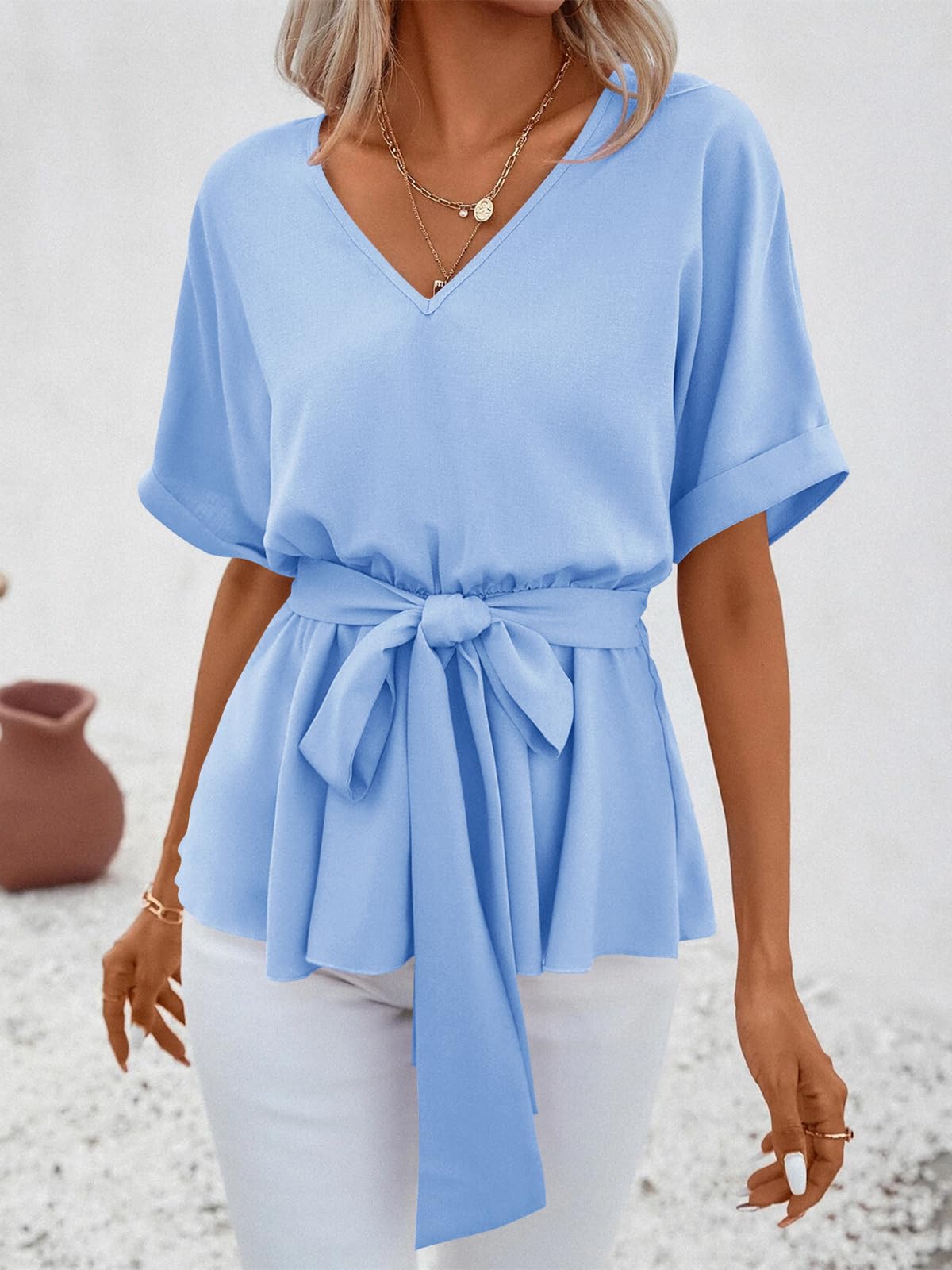 Imily Bela Womens V Neck Blouse Short Sleeve Belted Casual T-Shirts Basic Tee Tops