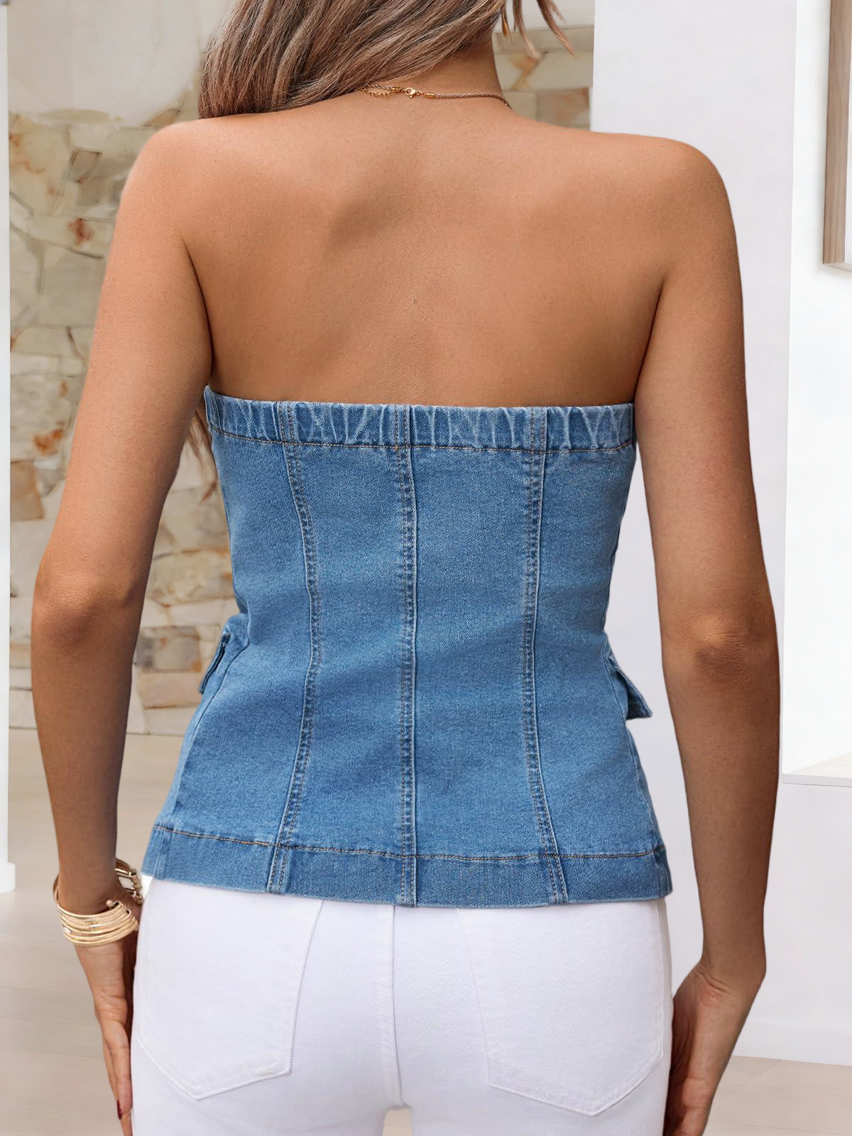 Imily Bela Womens Strapless Denim Vest Summer Button Down Jean Tube Tops Y2k Going Out Fitted Bandeau Shirts Waistcoat