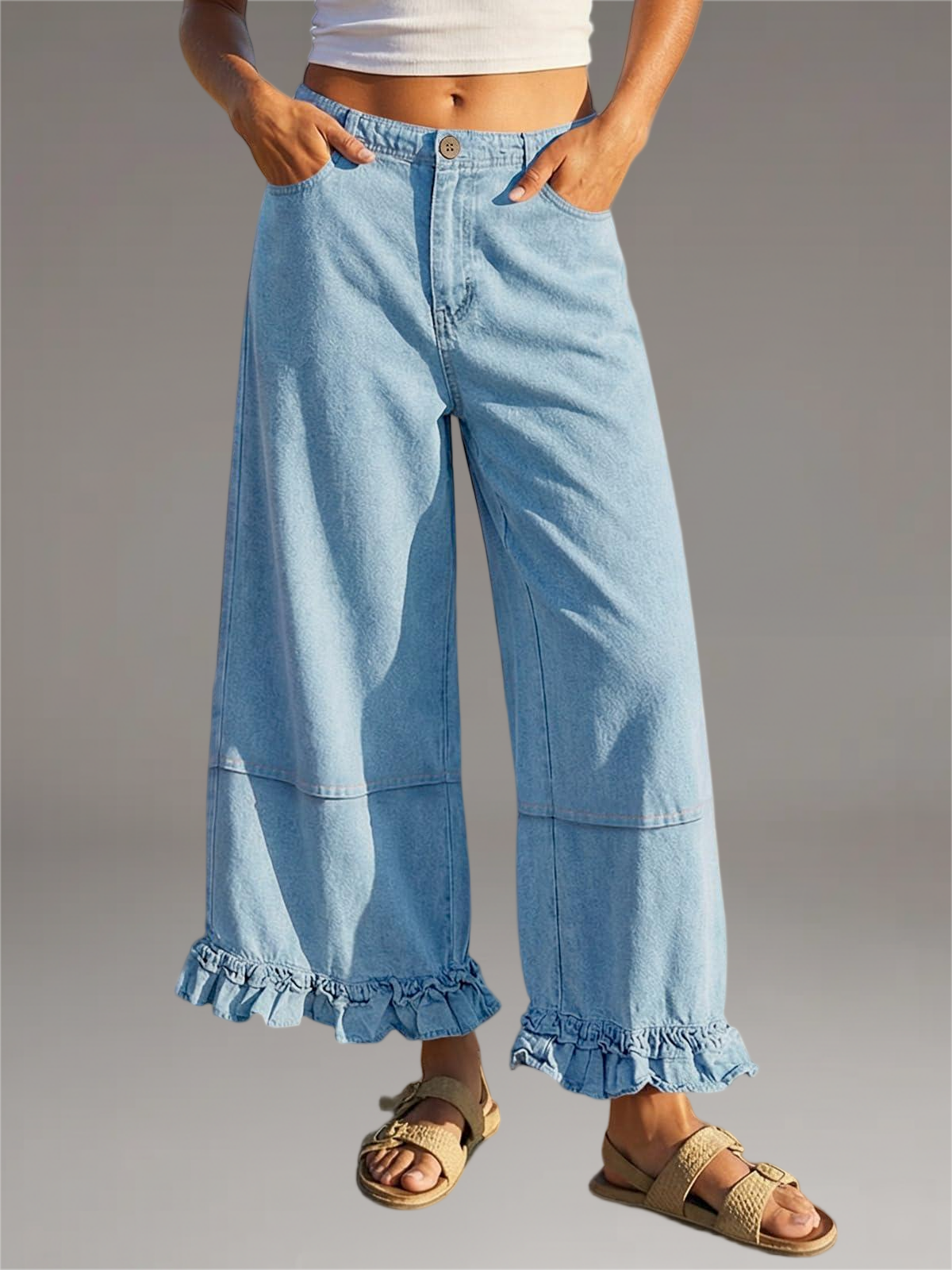 Imily Bela Womens Ruffle Wide Leg Jeans Cropped Elastic High Waisted Baggy Denim Pants With Pockets Blue