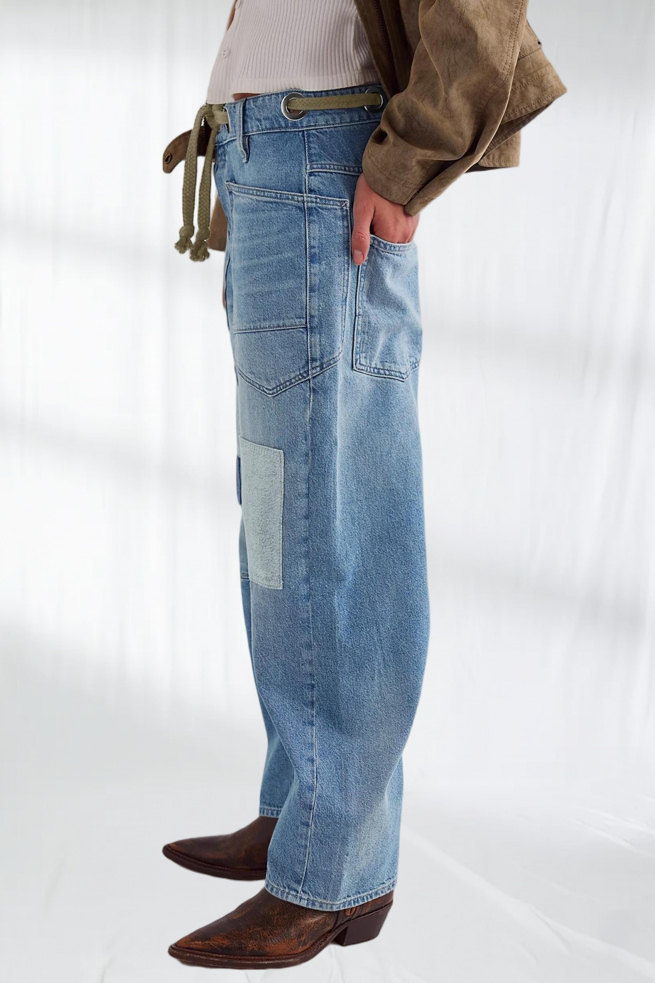 Imily Bela Womens Baggy Barrel Horseshoe Jeans Wide Leg Patchwork Low Rise Denim Pants with Pockets