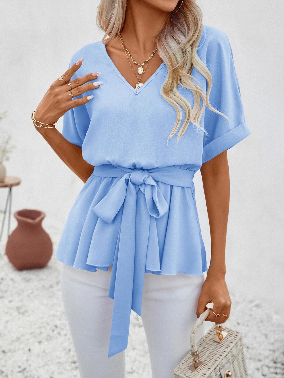 Imily Bela Womens V Neck Blouse Short Sleeve Belted Casual T-Shirts Basic Tee Tops