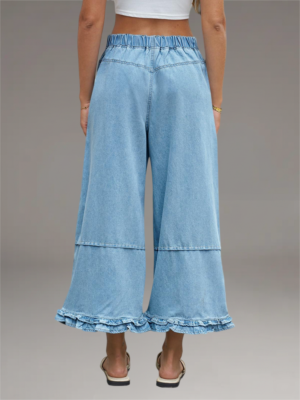 Imily Bela Womens Ruffle Wide Leg Jeans Cropped Elastic High Waisted Baggy Denim Pants With Pockets Blue