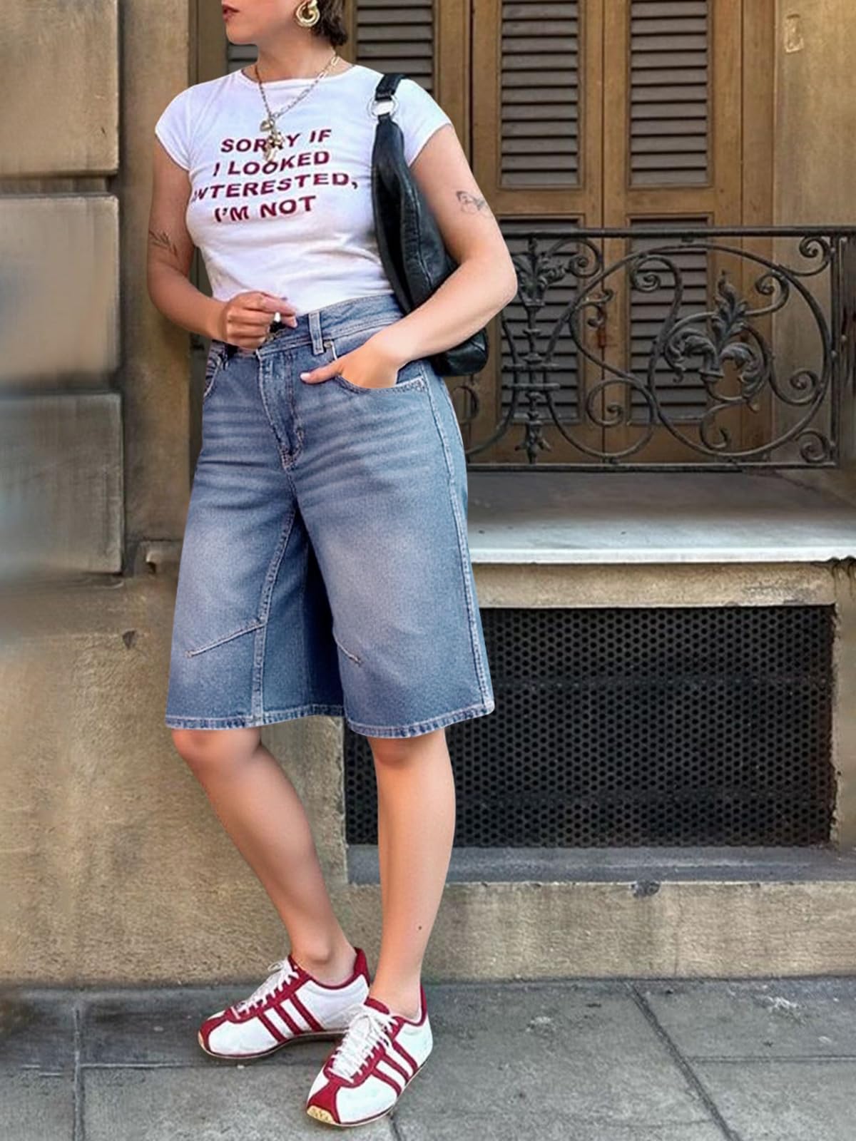 Imily Bela Womens Summer Wide Leg Denim Shorts Casual Loose Mid Rise Jorts Bermuda Knee Length Jeans Shorts