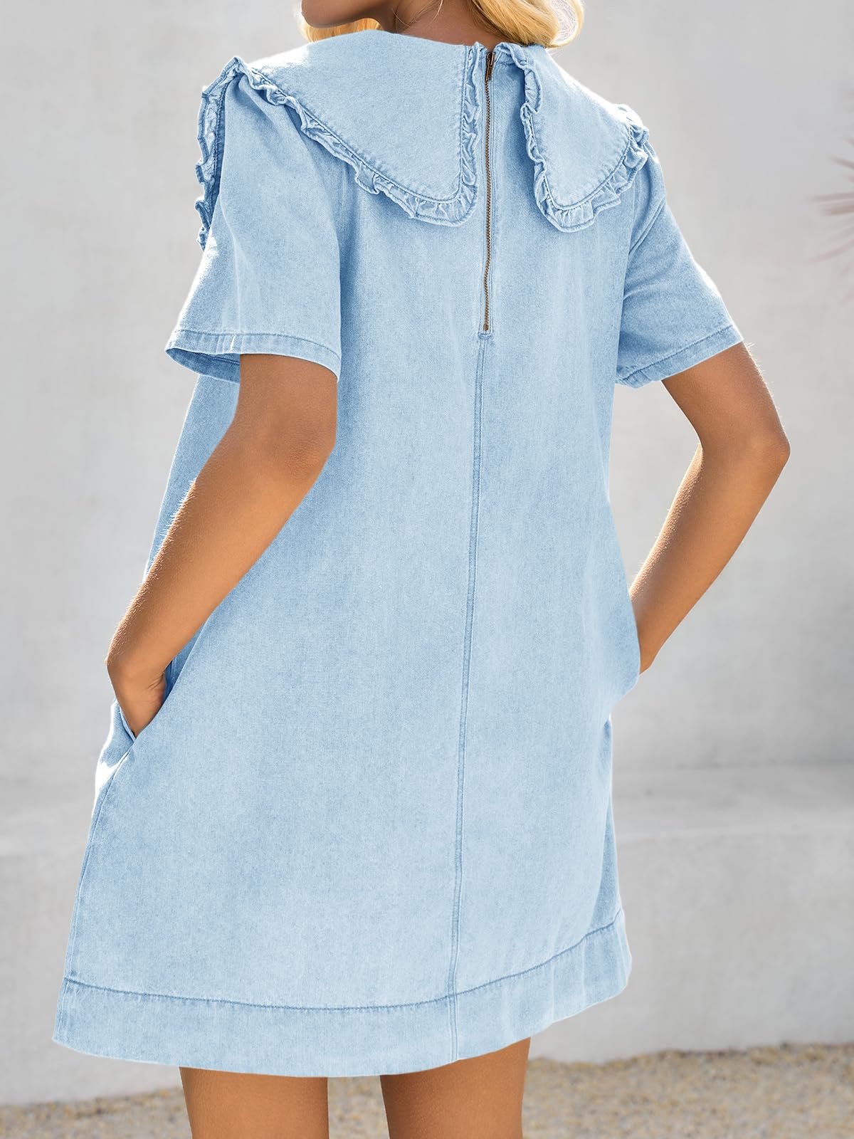 Imily Bela Womens Summer Denim Mini Dress Oversized Peter Pan Collar Short Sleeve Casual Flowy Babydoll Jean Dresses