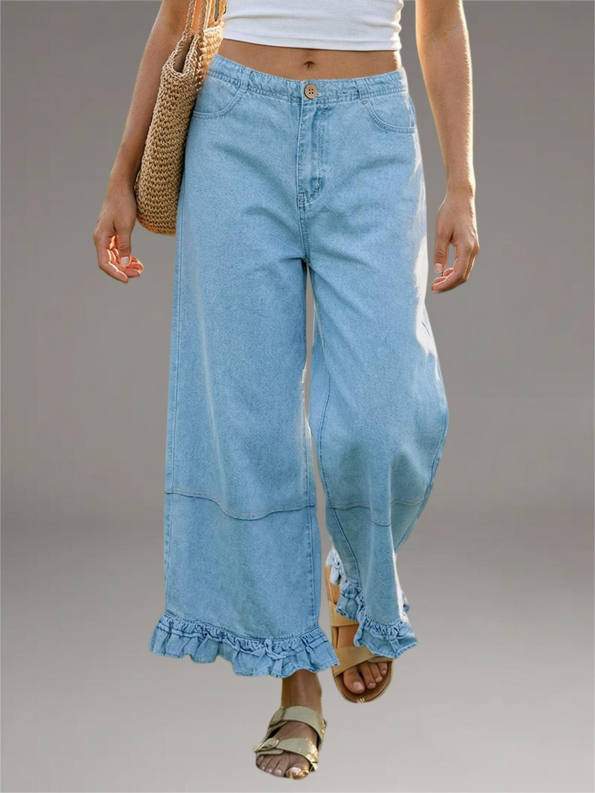 Imily Bela Womens Ruffle Wide Leg Jeans Cropped Elastic High Waisted Baggy Denim Pants With Pockets Blue