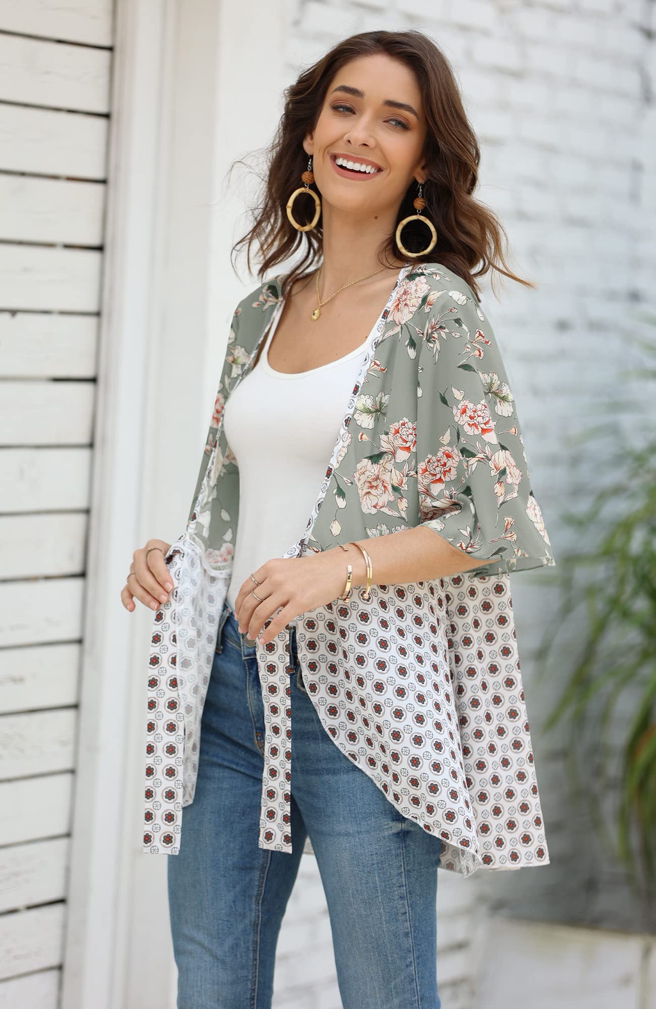 Imily Bela Women Floral Kimono Cardigans 3/4 Ruffle Sleeve Lightweight Patchwork Flowy Boho Tie Loose Cover Ups