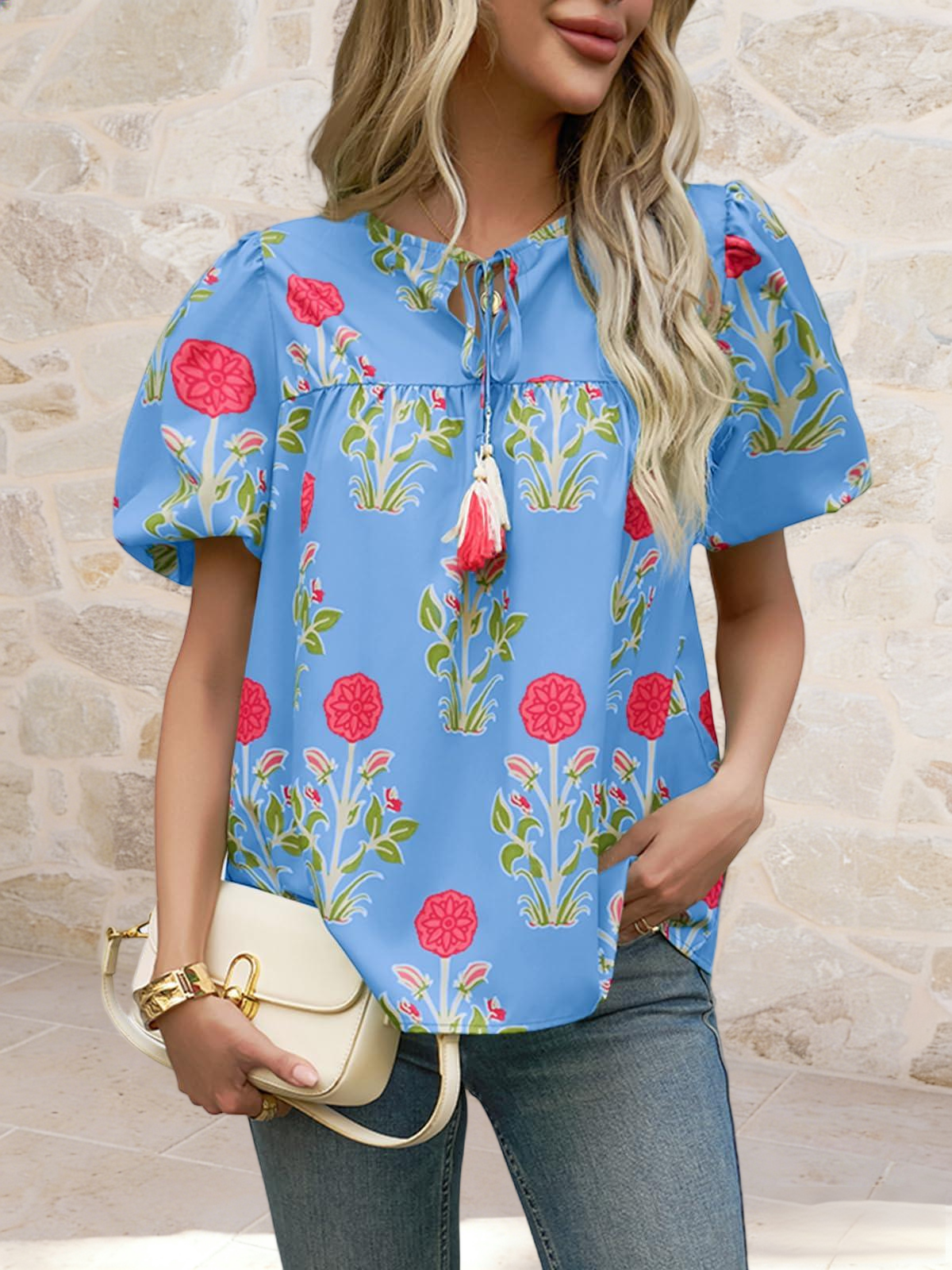 Imily Bela Womens Boho Floral Blouses Short Puff Sleeve V Neck Babydoll Shirts Flowy Tie Front Tops